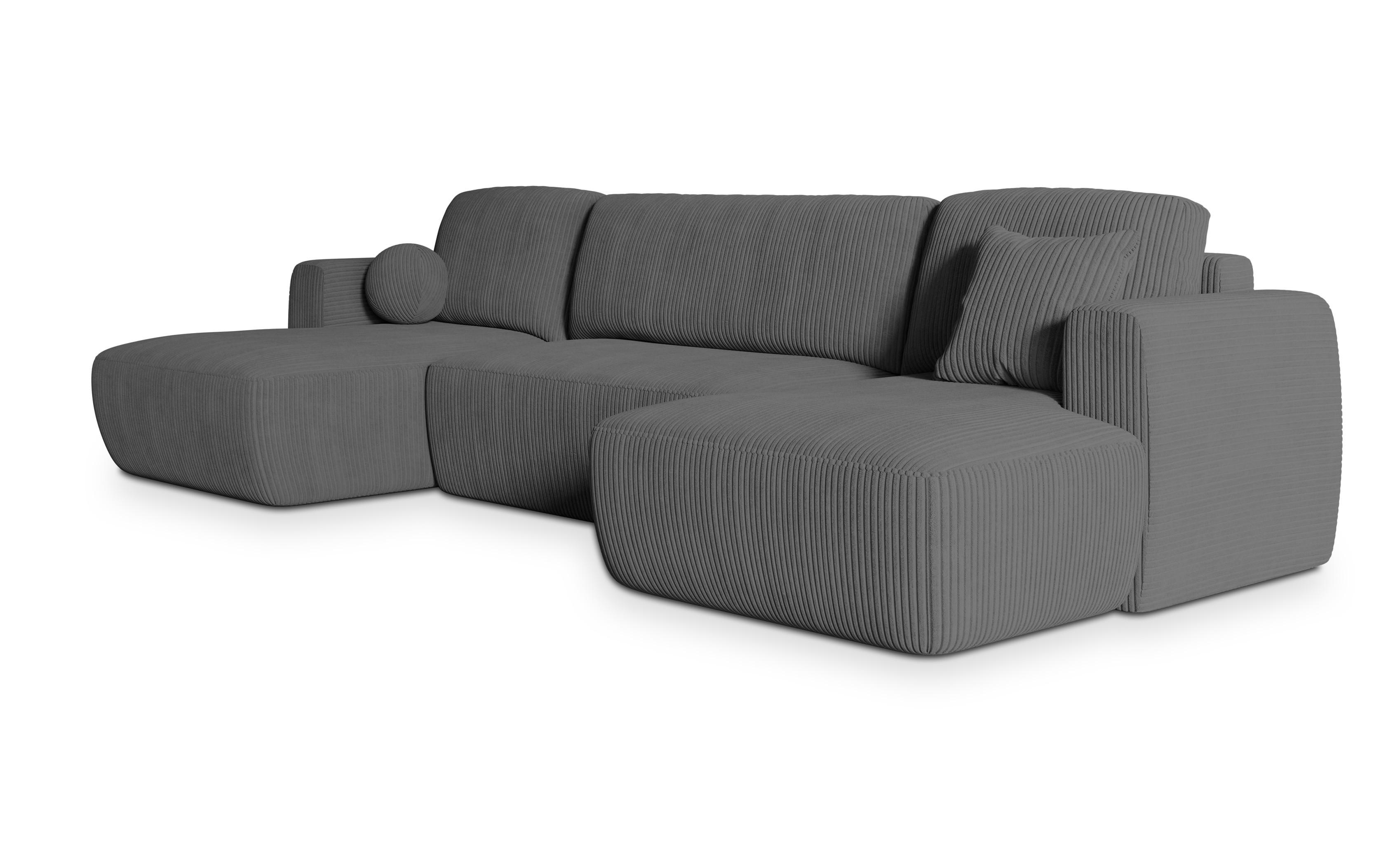 WOHNLANDSCHAFT SENTUM P Grau Kordstoff mit Schlaffunktion - Schwarz/Grau, Holz/Kunststoff (330/90/148cm) - MASSENO