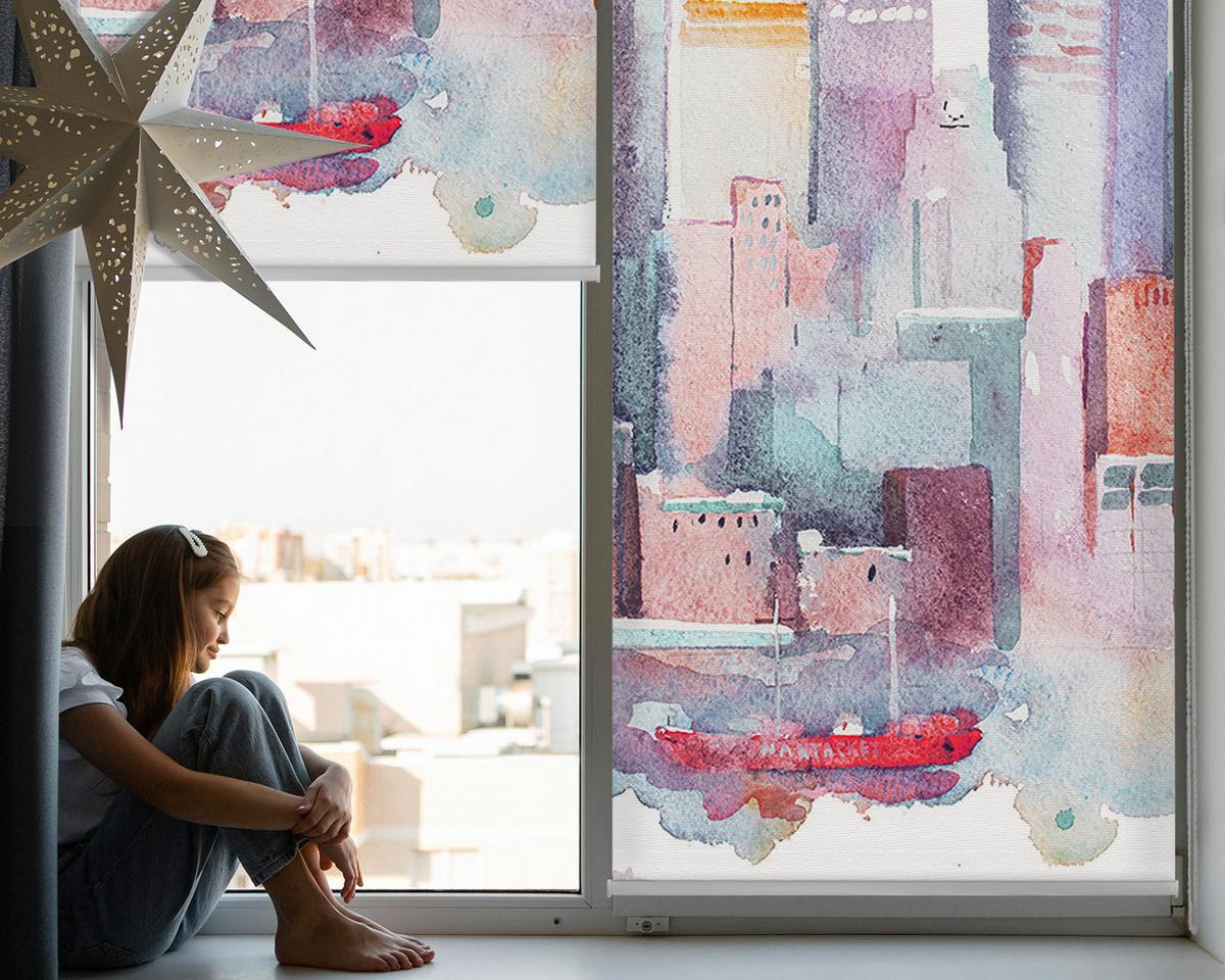 INNENROLLO - Fensterrollo - Rollo - 130x140 cm - Bunte Stadt - Blau, Kunststoff (130/140/0.5cm) - TULUP