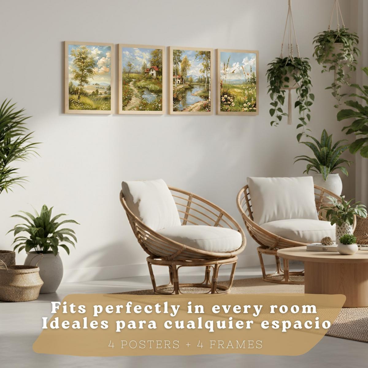 POSTER 4er Bilder-Set Wandbilder Impressionismus Landschaft modern Wohnzimmer Deko, Schlafzimmer, Küche, Badezimmer Leichter Holzrahmen A4 - Beige, Papier (29.7/1/21cm) - Nacnic