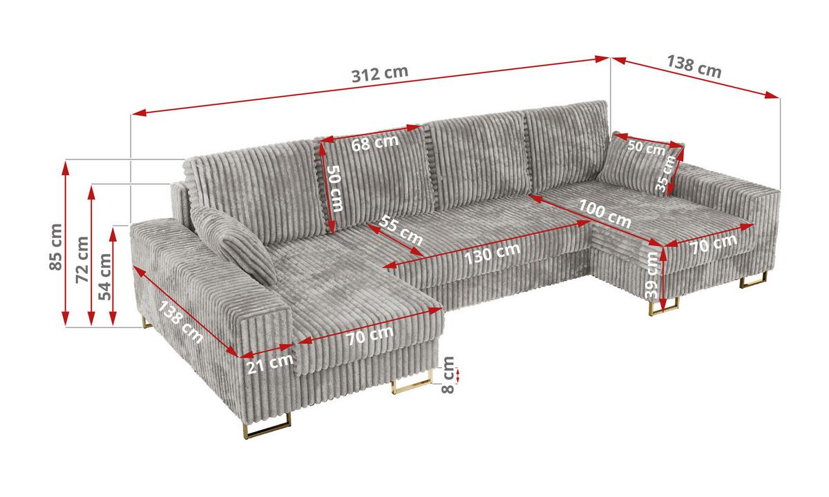 WOHNLANDSCHAFT DORIAN U Cord Hellgrau - Goldfarben/Hellgrau, Textil/Metall (312/85/138cm) - MKS