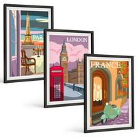 BILDER SET 3er Set - 40x60 cm Schwarzer Rahmen - Ansichten Paris London Retro - Schwarz, Kunststoff (40/60cm) - TULUP