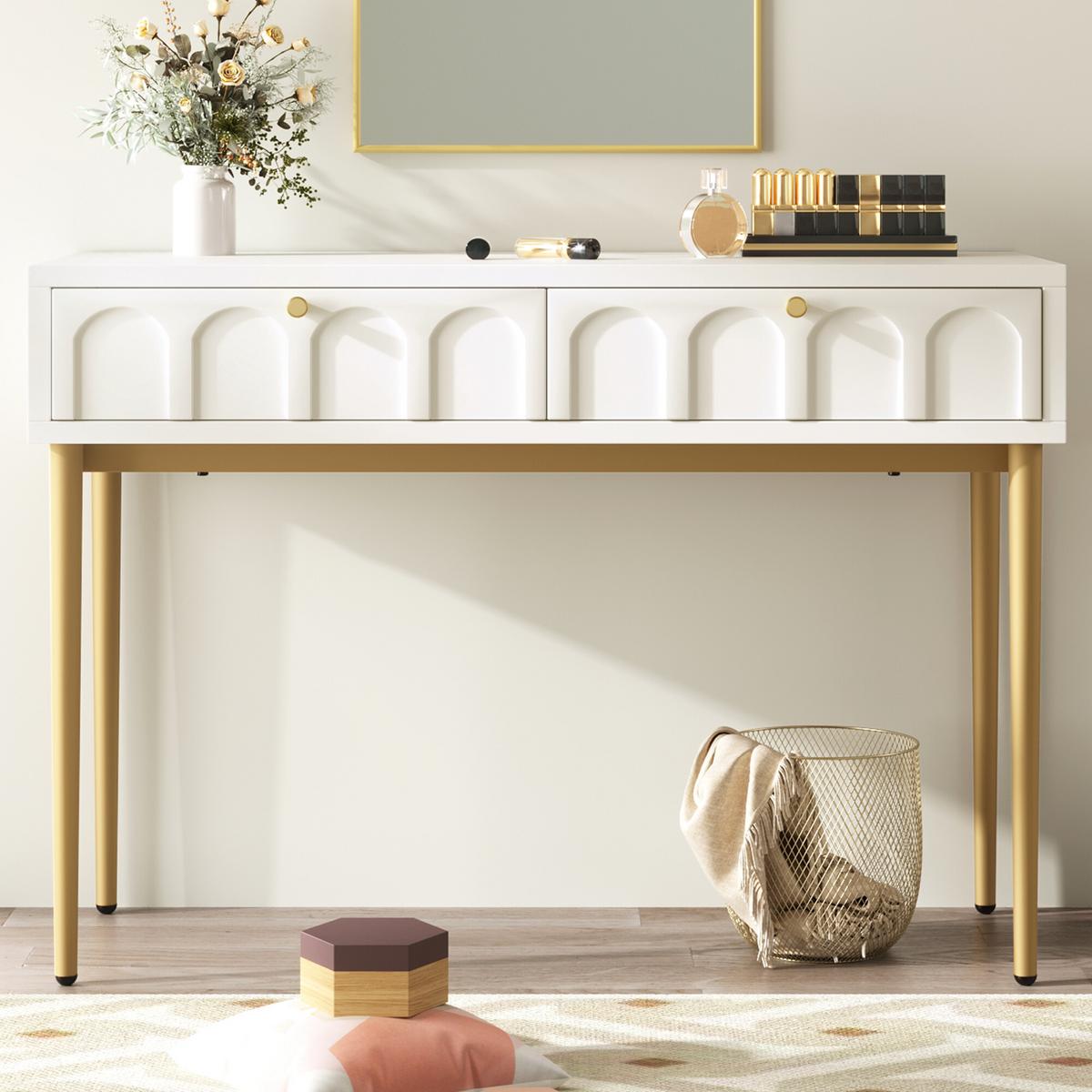 SCHMINKTISCH Cremeweiß und Golden 100/76,5/45 cm - Beige, Holzwerkstoff/Metall (100/76/45cm) - Urban Meuble