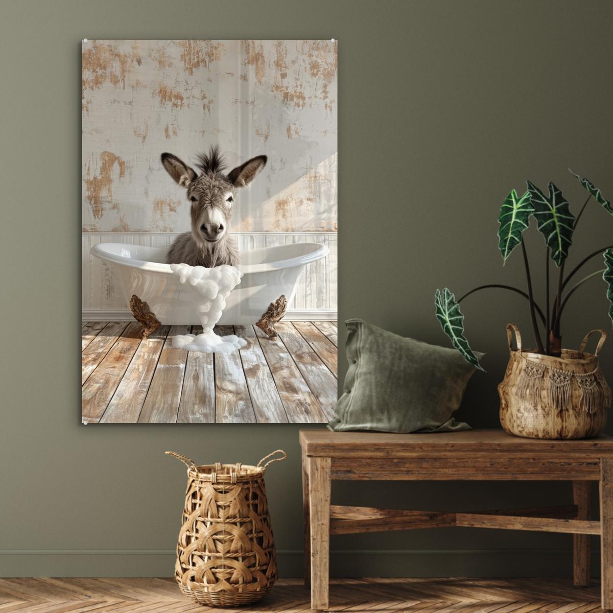 ACRYLGLASBILD Esel - Tiere - Badewanne - Schaumstoff 80x120 cm - Weiß, Glas (80/120cm) - MuchoWow