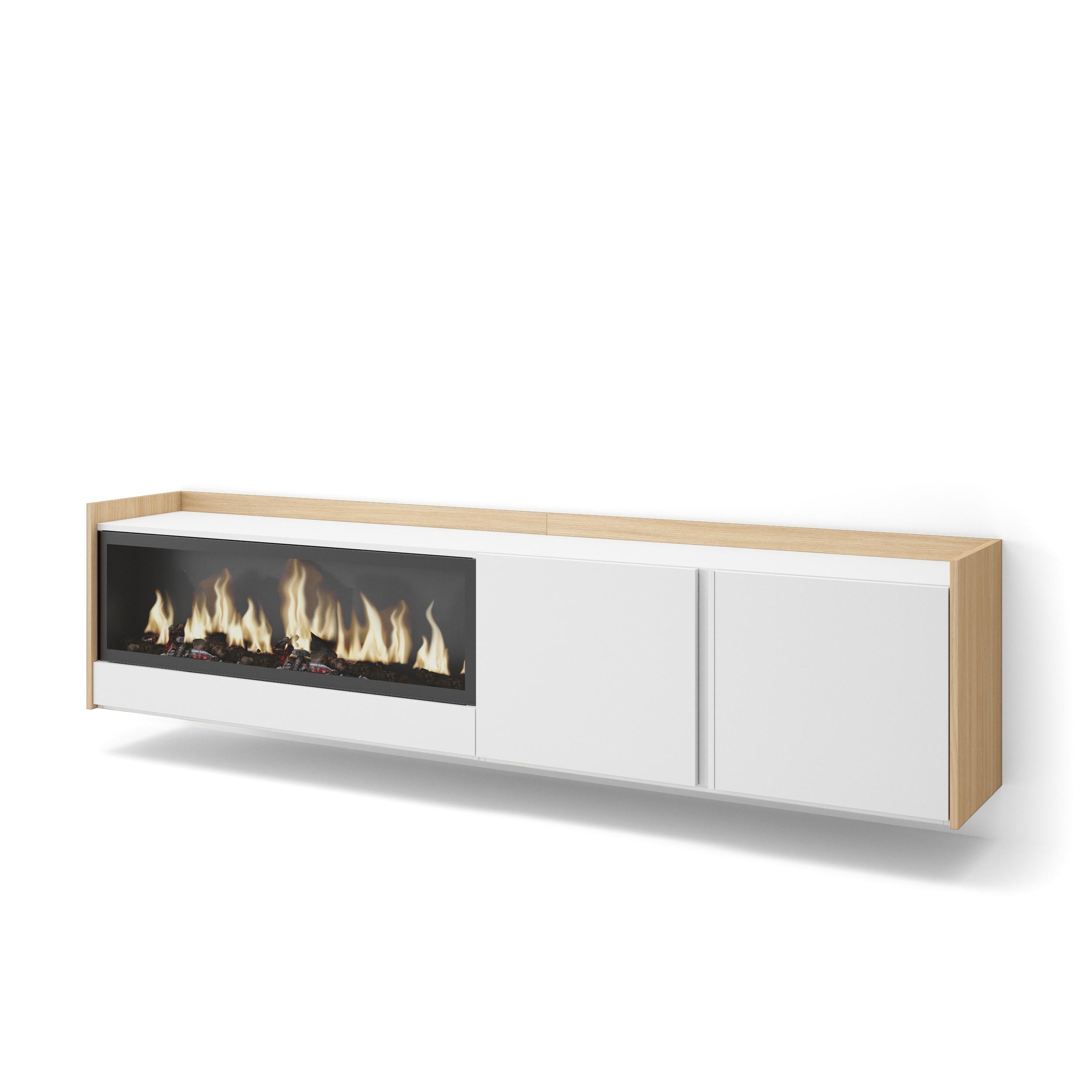 LOWBOARD, Weiß und Eiche, 212/35/50cm, Kamin mit Feuereffekt XXL - Weiß, Holzwerkstoff (212/50/35cm) - Skraut Home