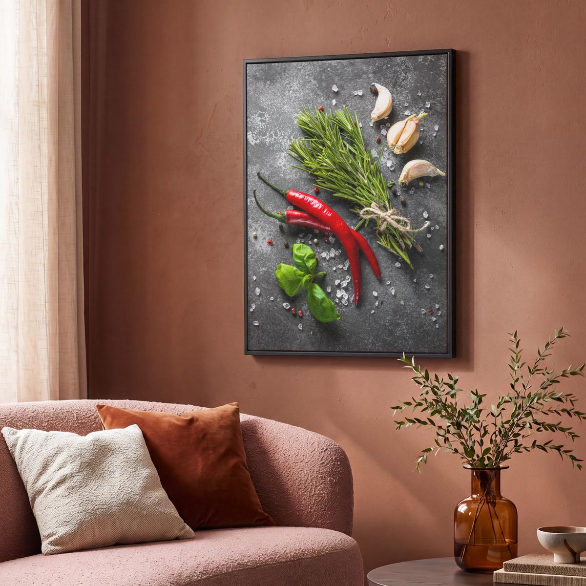 LEINWAND Bilder mit Rahmen - Pfeffer - Kräuter - Gewürze - Beton - 70x100 - Dunkelgrau, Textil (70/100cm) - MuchoWow