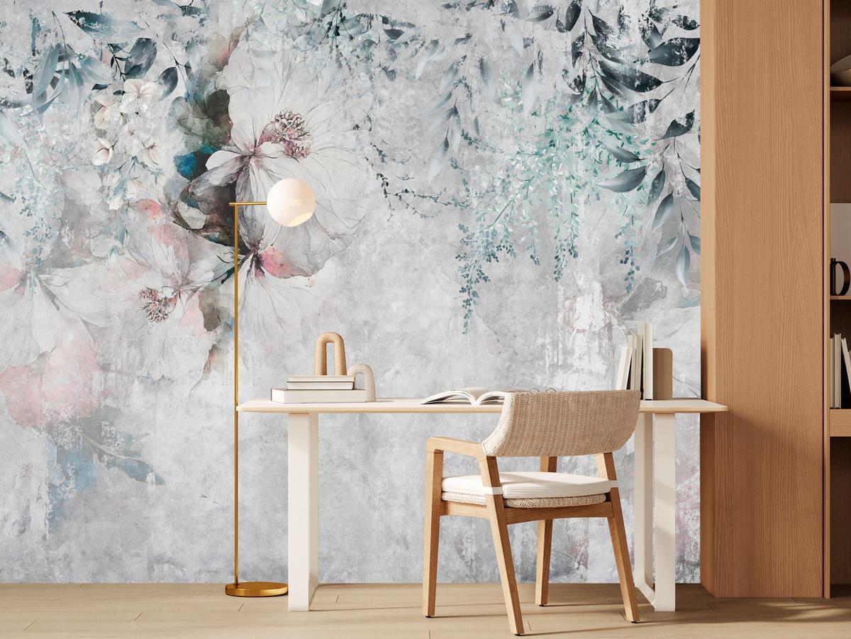 FOTOTAPETE für Schlafzimmer Zarte Blätter Beton Blumen Natur 200x140 - Schwarz/Rosa, Papier (200/140cm) - Muralo
