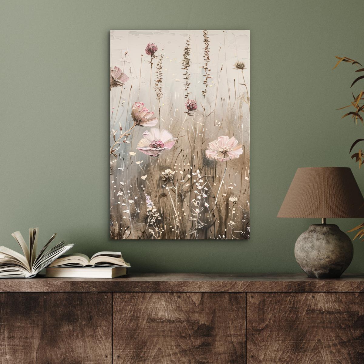 METALLBILD Blumen - Rosa - Modern - Beige Deko Schlafzimmer 40x60 cm - Beige, Metall (40/60cm) - MuchoWow