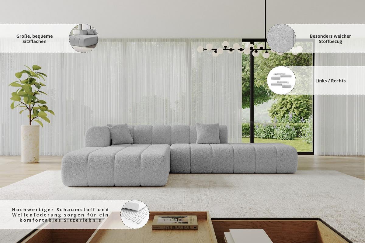 ECKSOFA Ottomane Links BILA-L 289x176x71 Hellgrau Bouclé - Silberfarben/Hellgrau, Holzwerkstoff/Kunststoff (176/289cm) - ALTDECOR