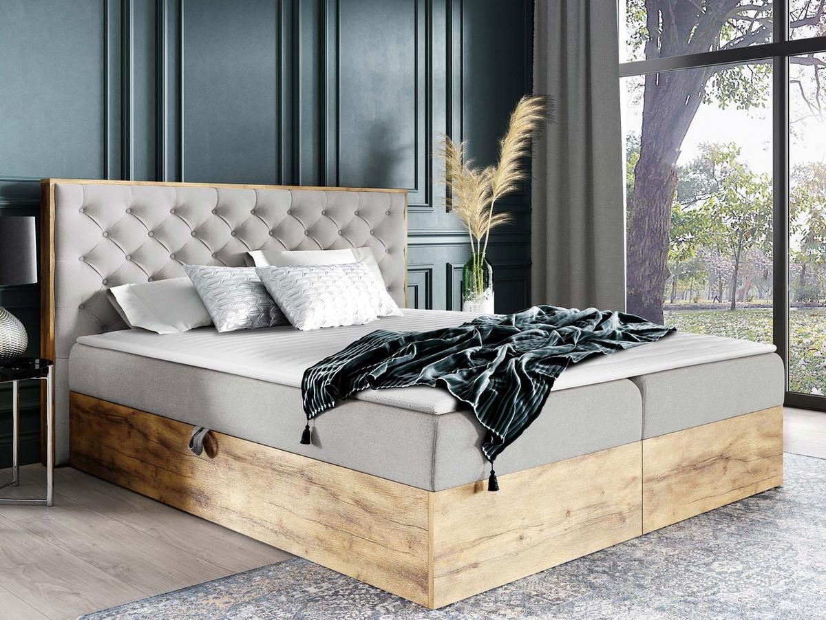 BOXBETT Wood 3 - H3 - Eiche Wotan/Hellgrau, Holz/Textil (160/200cm) - MIRJAN24
