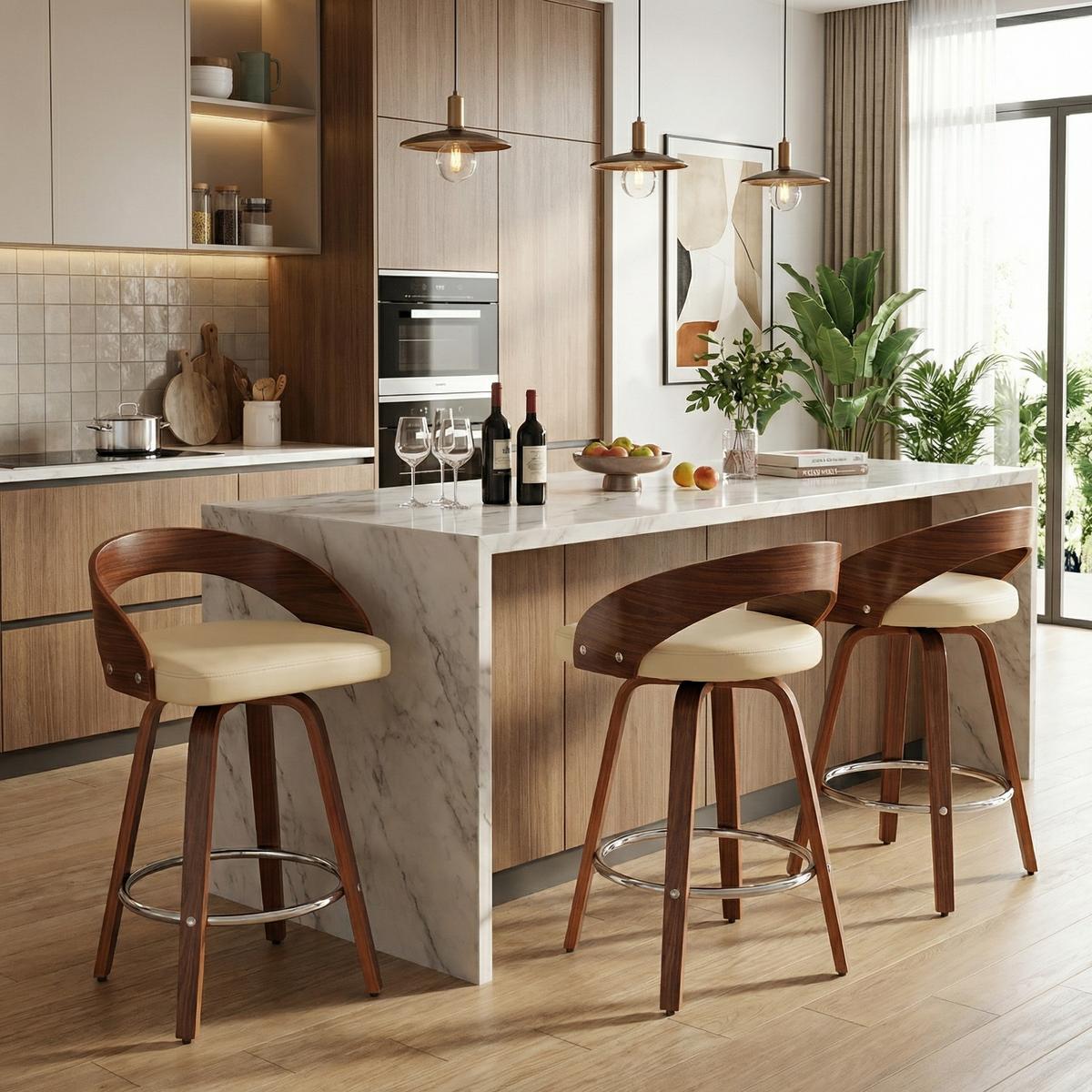BARHOCKER Set 2er 63 cm Beige PU & Walnuss Drehbar mit Rückenlehne und Fußring - Beige, Leder (48/77.5/46.5cm) - Urban Meuble