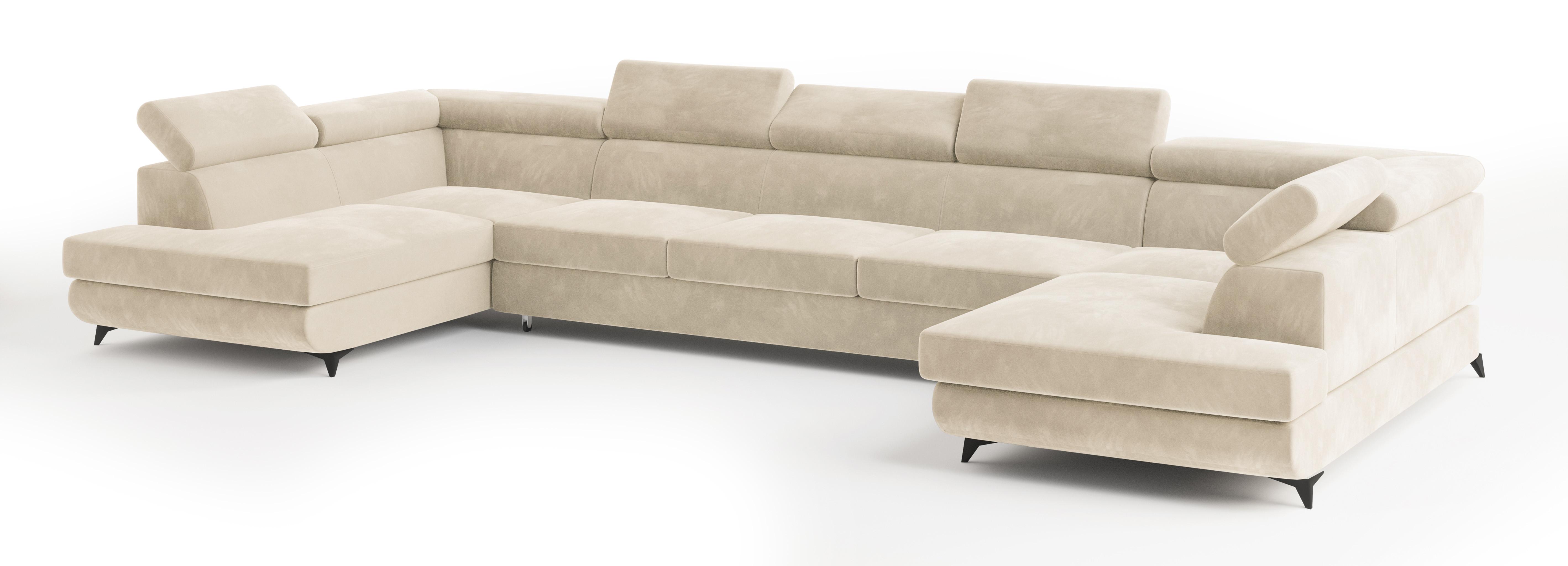 WOHNLANDSCHAFT URMANO Creme Velours-Stoff mit Schlaffunktion - Creme, Holz (395/89/190cm) - MASSENO