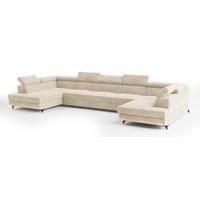 WOHNLANDSCHAFT URMANO Creme Velours-Stoff mit Schlaffunktion - Creme, Holz (395/89/190cm) - MASSENO