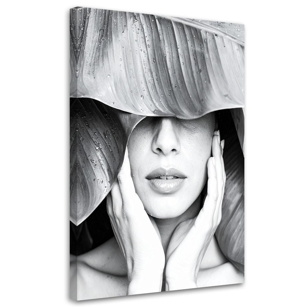 LEINWANDBILD Frau und Blätter auf dem Kopf 80x120cm - Grau, Textil (80/120cm) - Feeby