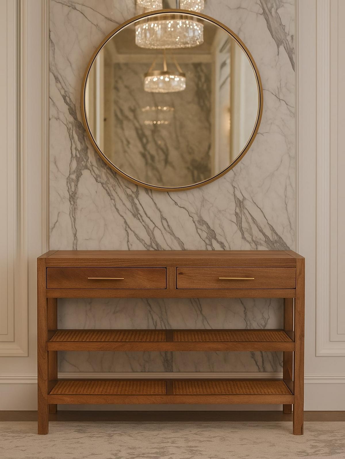 KONSOLENTISCH mit Honig-Karamell-Finish, 2 Schubladen, 2 offene Ablagen, honigbraun - Braun, Holz/Metall (35/120/80cm) - Artisan Furniture