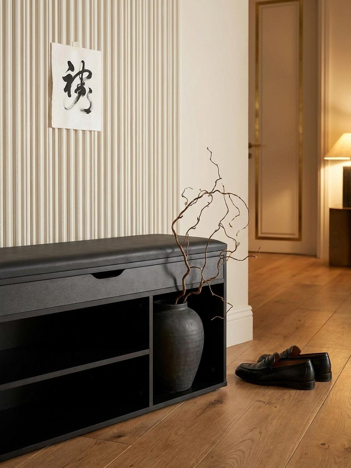SCHUHBANK – Kunstleder/Holz, 104x51x32 cm, Schwarz, mit Stauraum - Schwarz, Holzwerkstoff/Textil (104/51/32cm) - KADIMA DESIGN