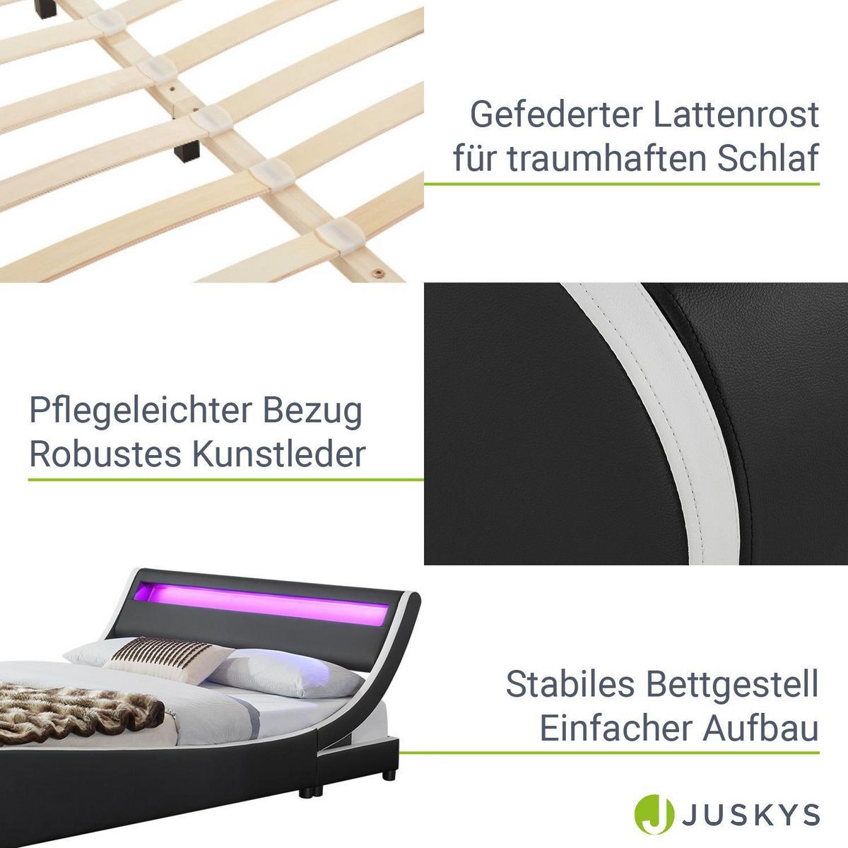 POLSTERBETT Valencia schwarz 180x200cm mit Matratze und LED (16 Farben) - Schwarz, Textil (180/200cm) - Juskys