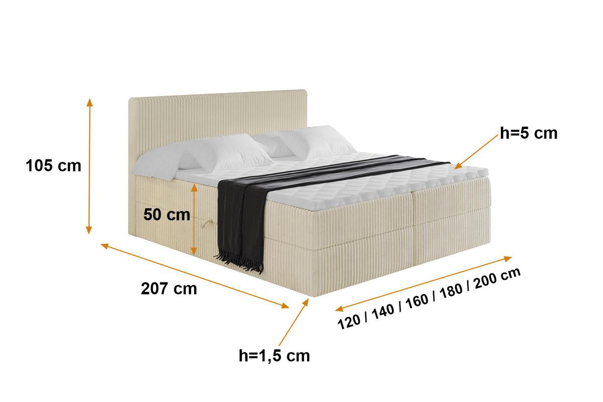 BOXBETT mit Matratze H4 und Lattenrost - TOLO - 200x200 Cord - Creme - Champagner, Holzwerkstoff/Kunststoff (200/200cm) - ALTDECOR