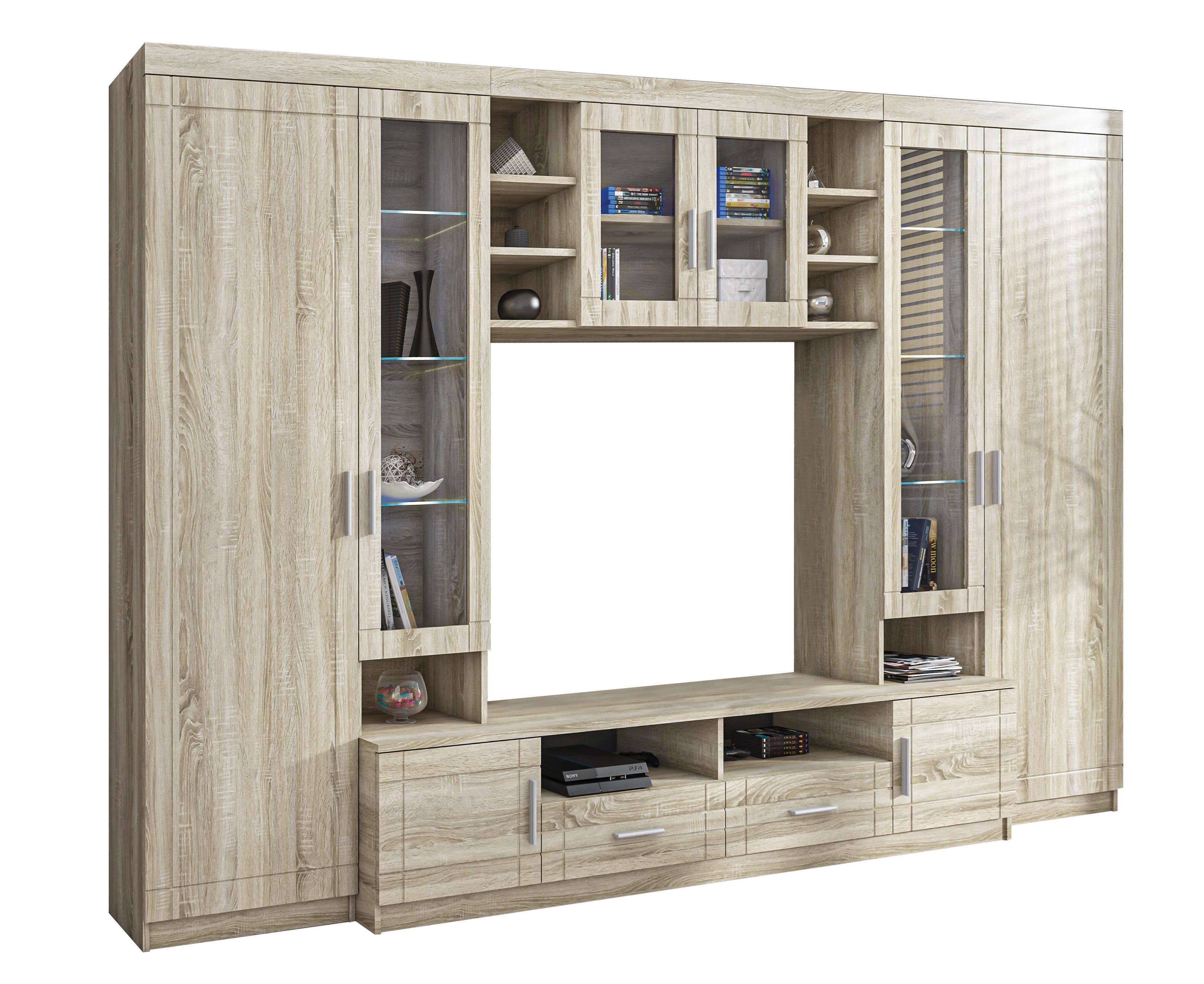 WOHNWAND Parisca Sonoma Eiche 340/198/44 cm Klassische mit viel Stauraum - Beige, Holzwerkstoff/Kunststoff (340/198/44cm) - AX Living