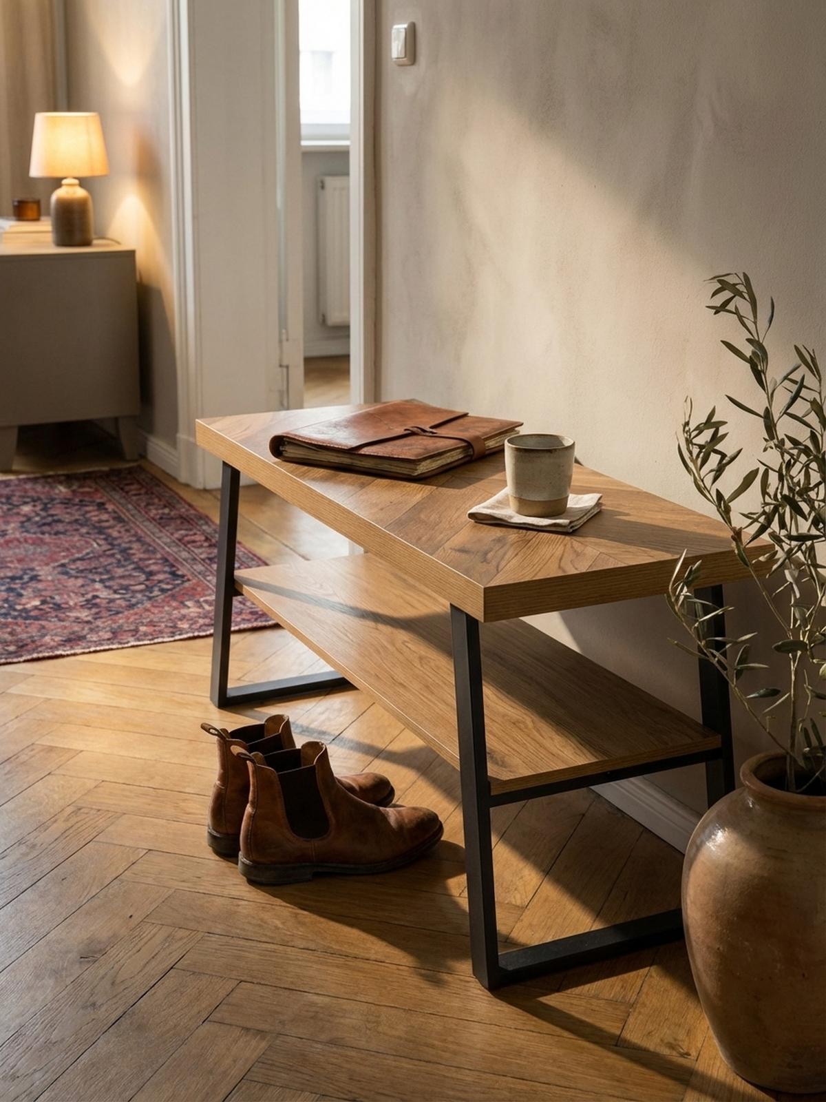 SCHUHBANK – 100x41x40 cm, Eiche-Dekor, Fischgrät, mit Ablage - Schwarz/Braun, Holz/Holzwerkstoff (100/41/40cm) - KADIMA DESIGN