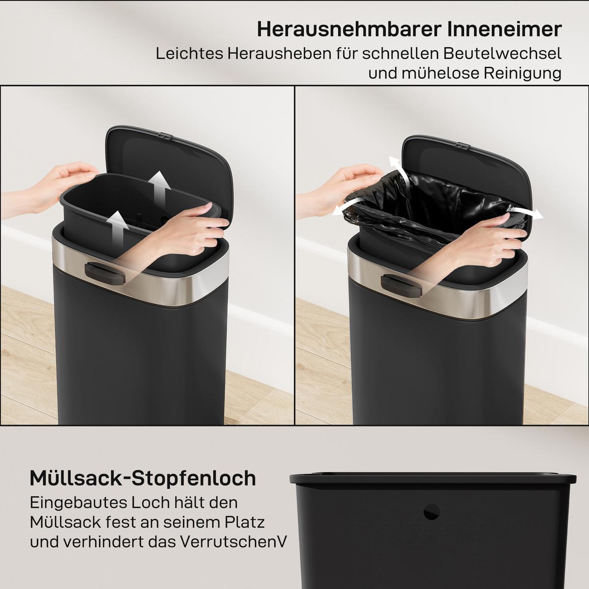 MÜLLEIMER Edelstahl Küchenmülleimer mit Druck-Öffnen offen bleibendem Deckel - Schwarz, Metall (19.5/30/21.5cm) - HOMCOM