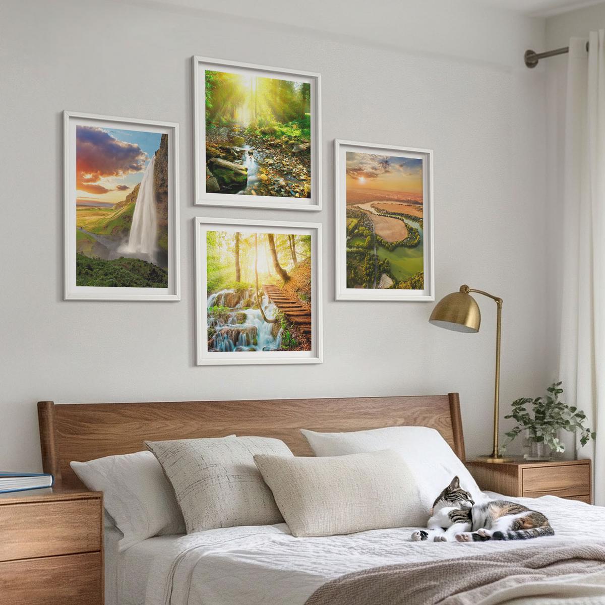 BILDER SET 4er Set - 50x50 cm & 40x60 cm Weißer Rahmen - Orange Mountain Wasserfall - Weiß, Kunststoff (50/50cm) - TULUP