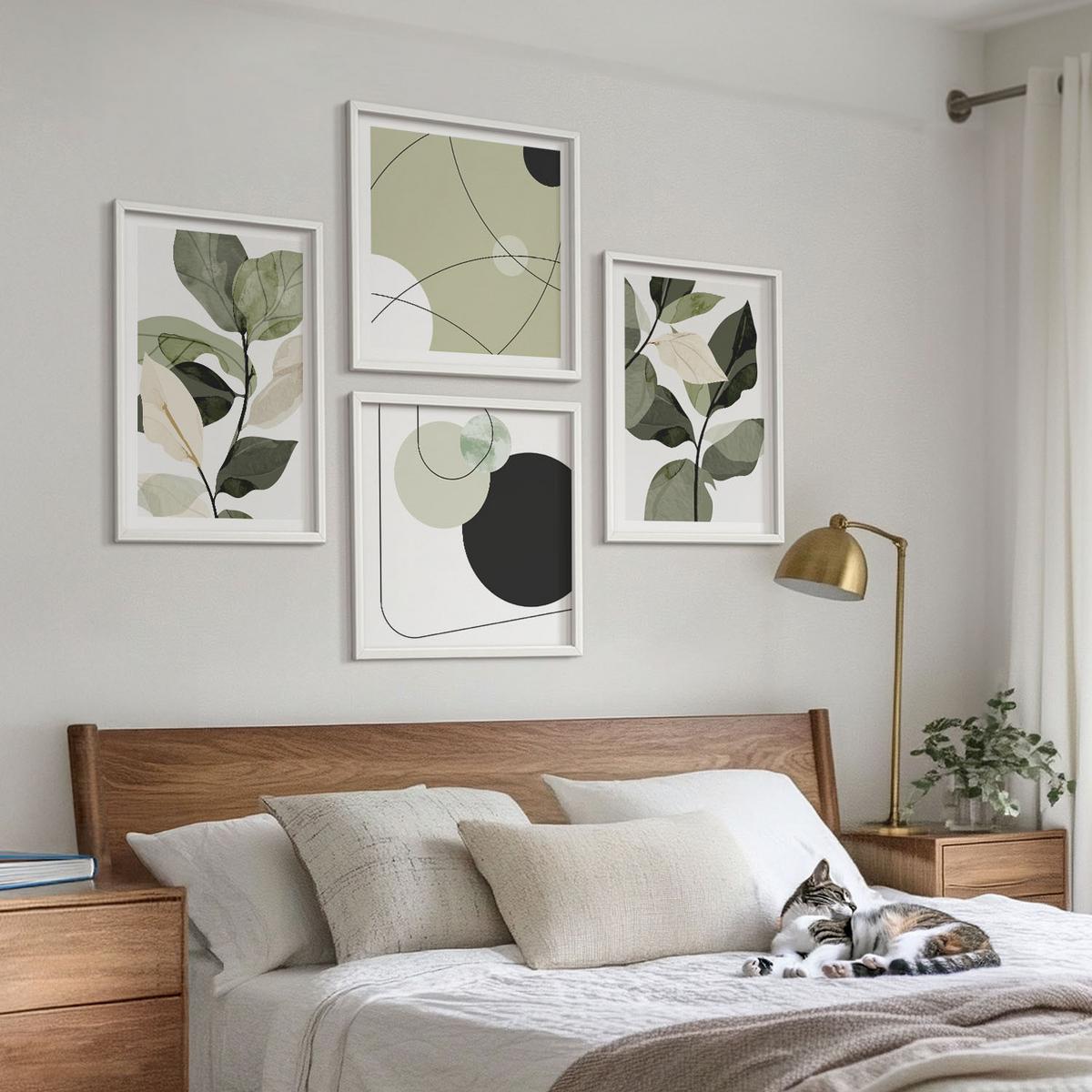 BILDER SET 4er Set - 50x50 cm & 40x60 cm Weißer Rahmen - Abstrakte Darstellung gemalter Blätter - Weiß, Kunststoff (50/50cm) - TULUP