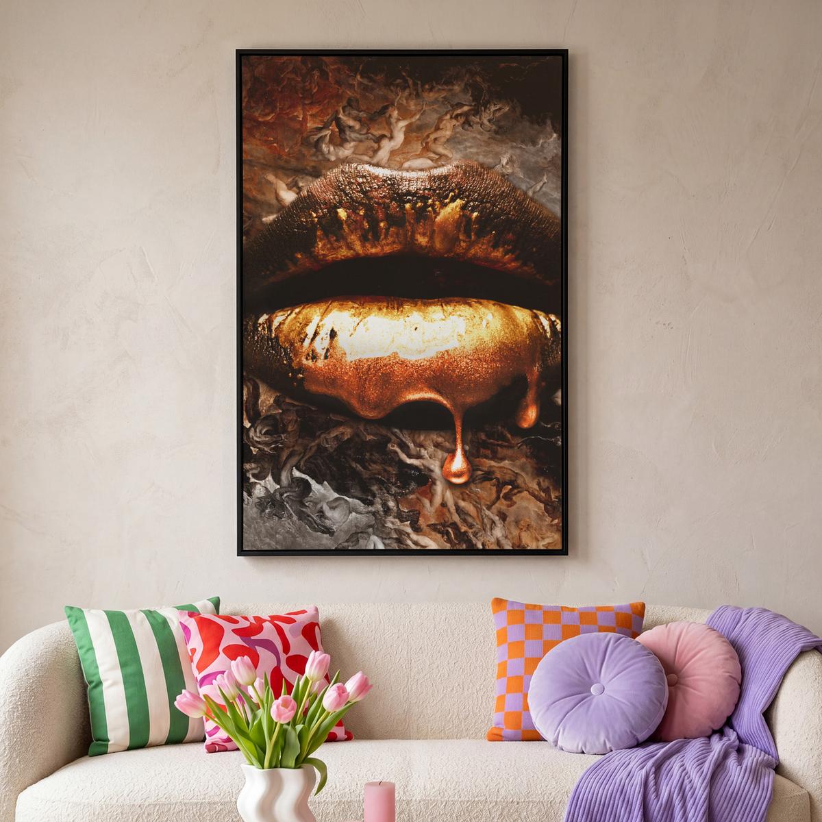 LEINWAND Bilder mit Rahmen - Gold - Lippen - Kunst - Gold - Luxus - Abstrakt - 100x150 - Kupferfarben, Textil (100/150cm) - MuchoWow