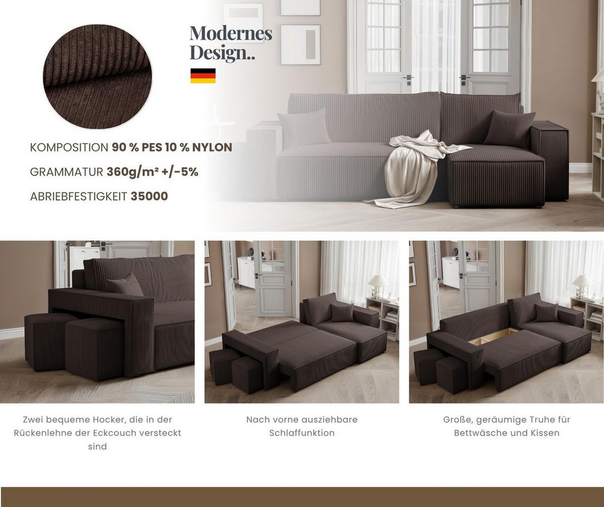 ECKSOFA PARIS mit Schlaffunktion und Bettkasten Braun - Braun, Kunststoff/Textil (262/145cm) - Idohome