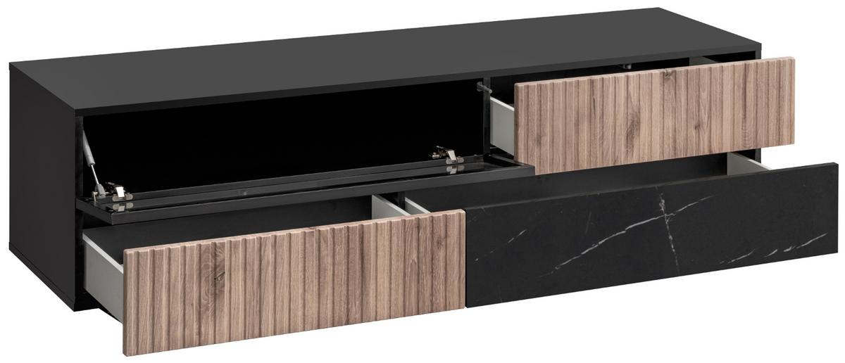 TV-LOWBOARD Eiche, Marmor schwarz 160 cm, TV Unterschrank Set mit Wandpaneel und Push-to-Open - Eichefarben/Schwarz, Holzwerkstoff/Kunststoff (160/180/45cm) - Inn.Furn