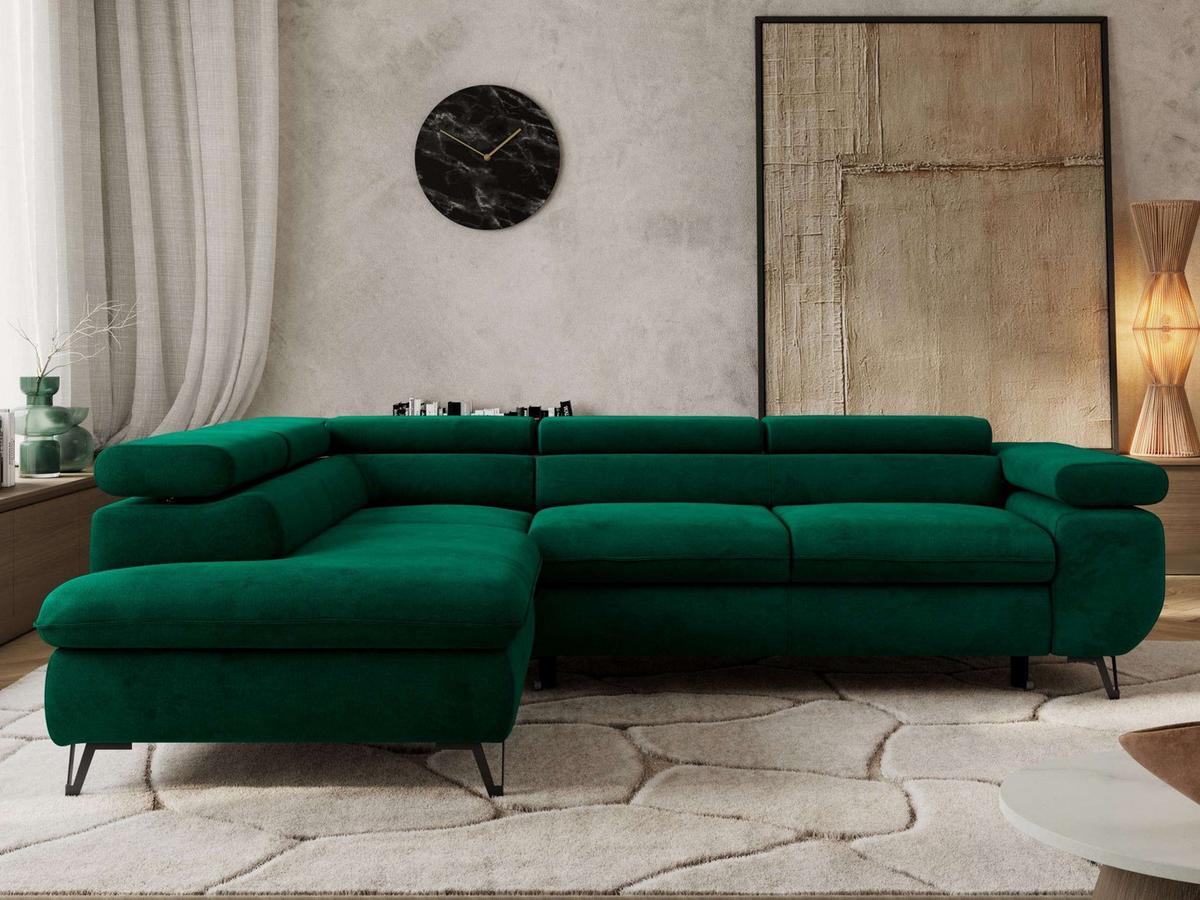 ECKSOFA PABLO L Dunkelgrün Velvet - Links Seite mit Visco Topper - Dunkelgrün/Schwarz, Textil/Metall (208/273cm) - MKS