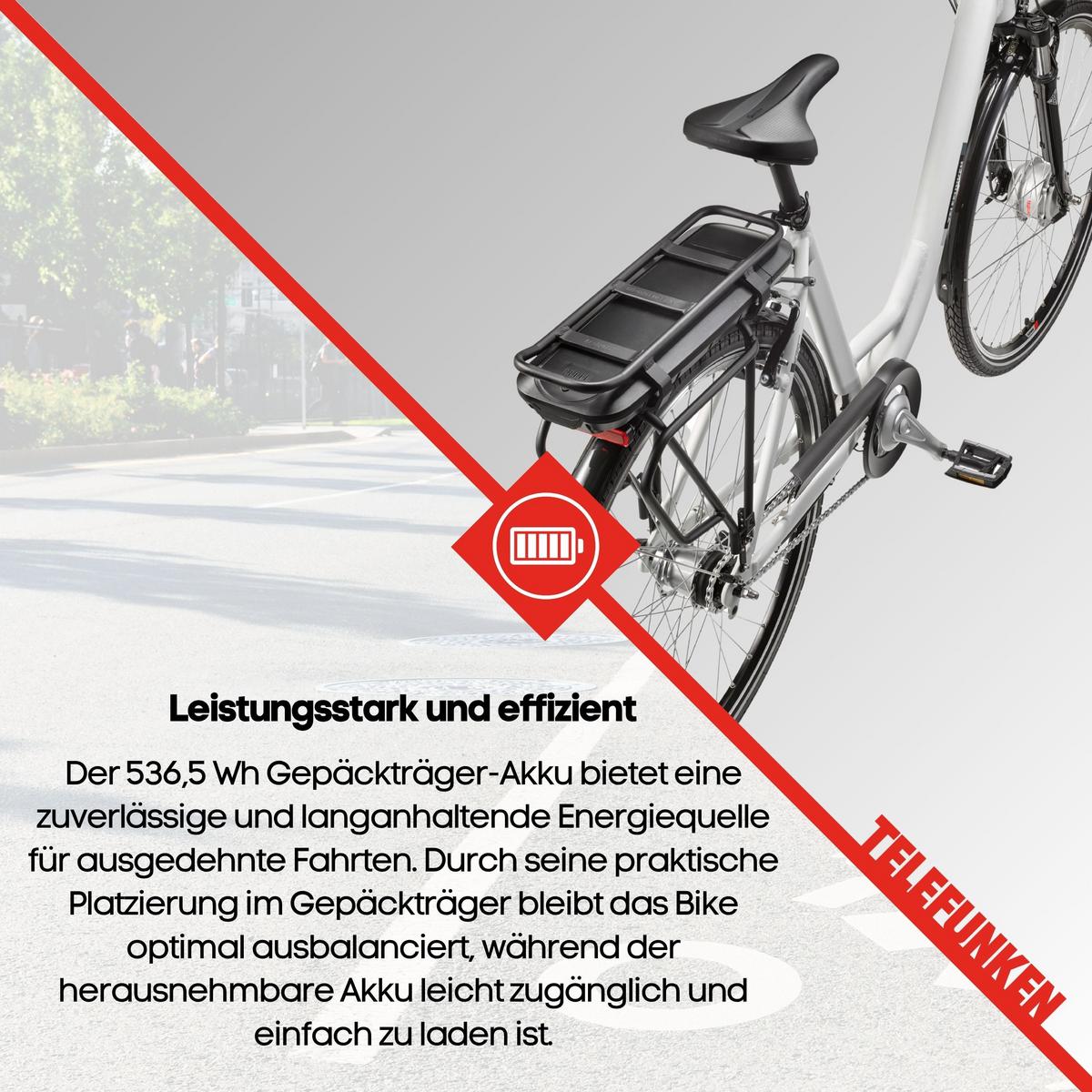 E-BIKE Cityrad Multitalent RC667 28 Zoll Elektrofahrrad 536,5 Wh Frontmotor 7-Gang-Kettenschaltung - Weiß, Metall (110cm) - Telefunken