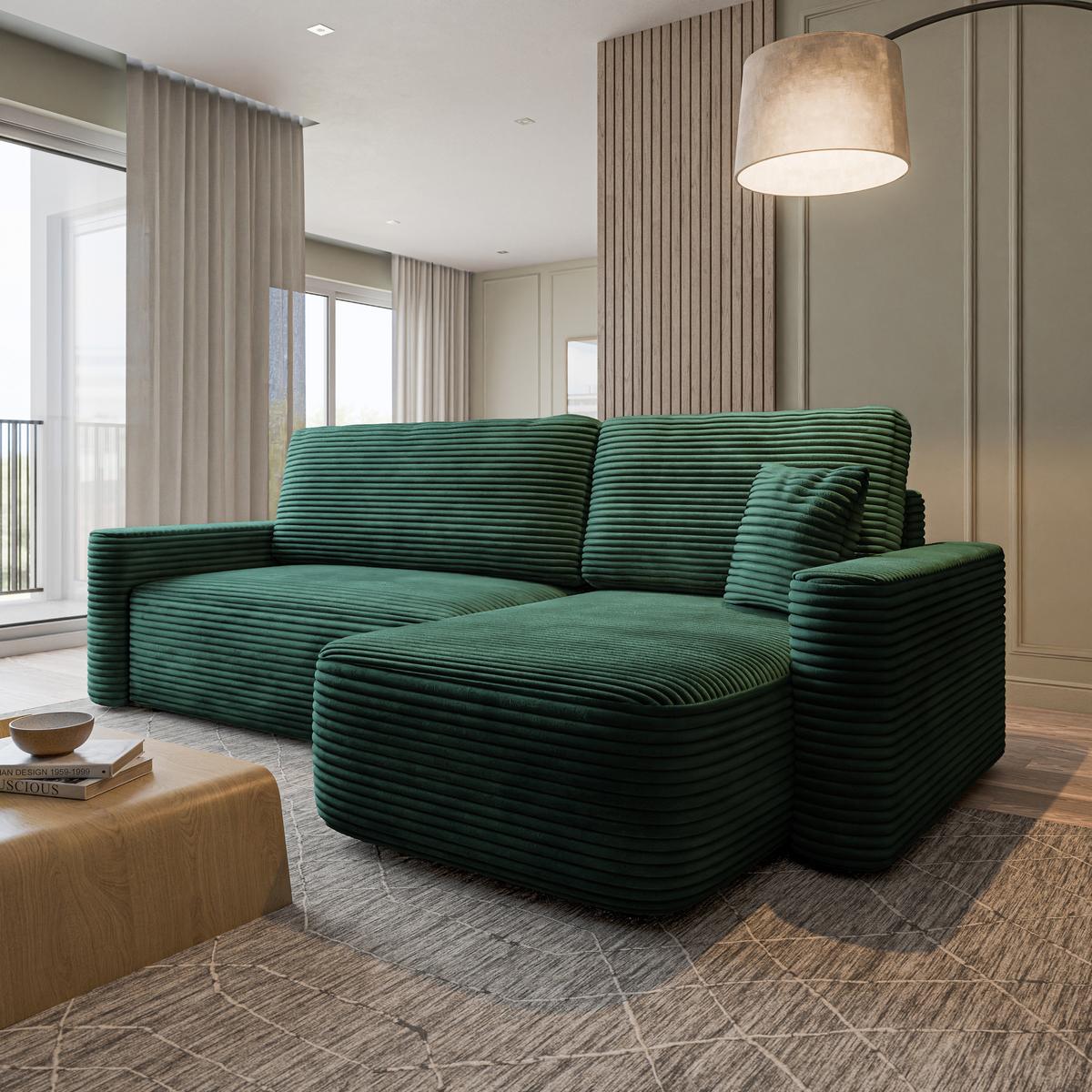 ECKSOFA NERI T Grün Kordstoff mit Schlaffunktion - Grün, Holzwerkstoff/Textil (280/157cm) - MASSENO