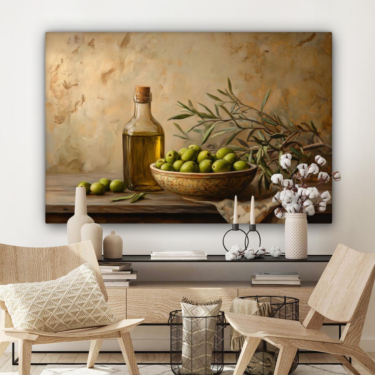 LEINWANDBILD Oliven - Stilleben - Vintage Groß 140x90 cm - Olivgrün, Textil (140/90cm) - MuchoWow