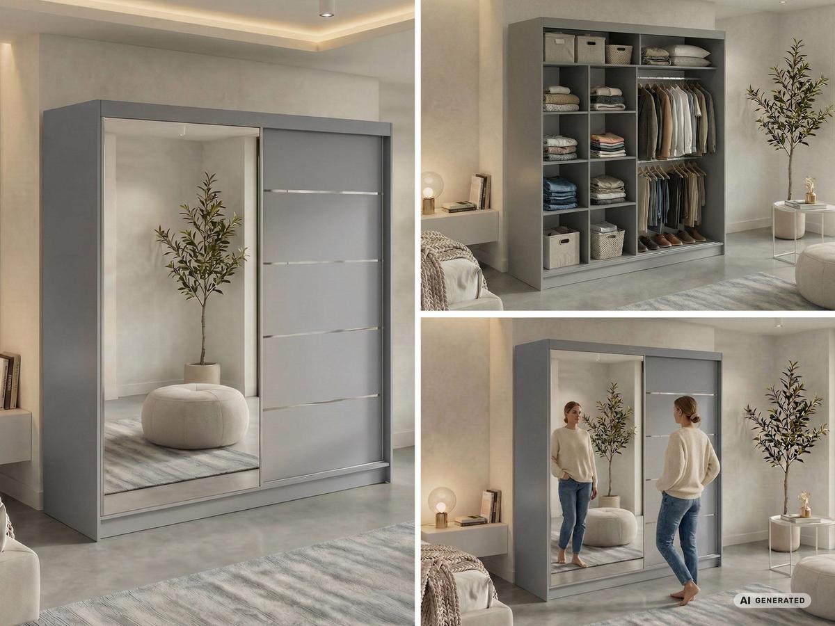 SCHWEBETÜRENSCHRANK 200 - SKORIA - Grau mit Spiegel - Alufarben/Grau, Holzwerkstoff/Metall (200/216/61cm) - MKS