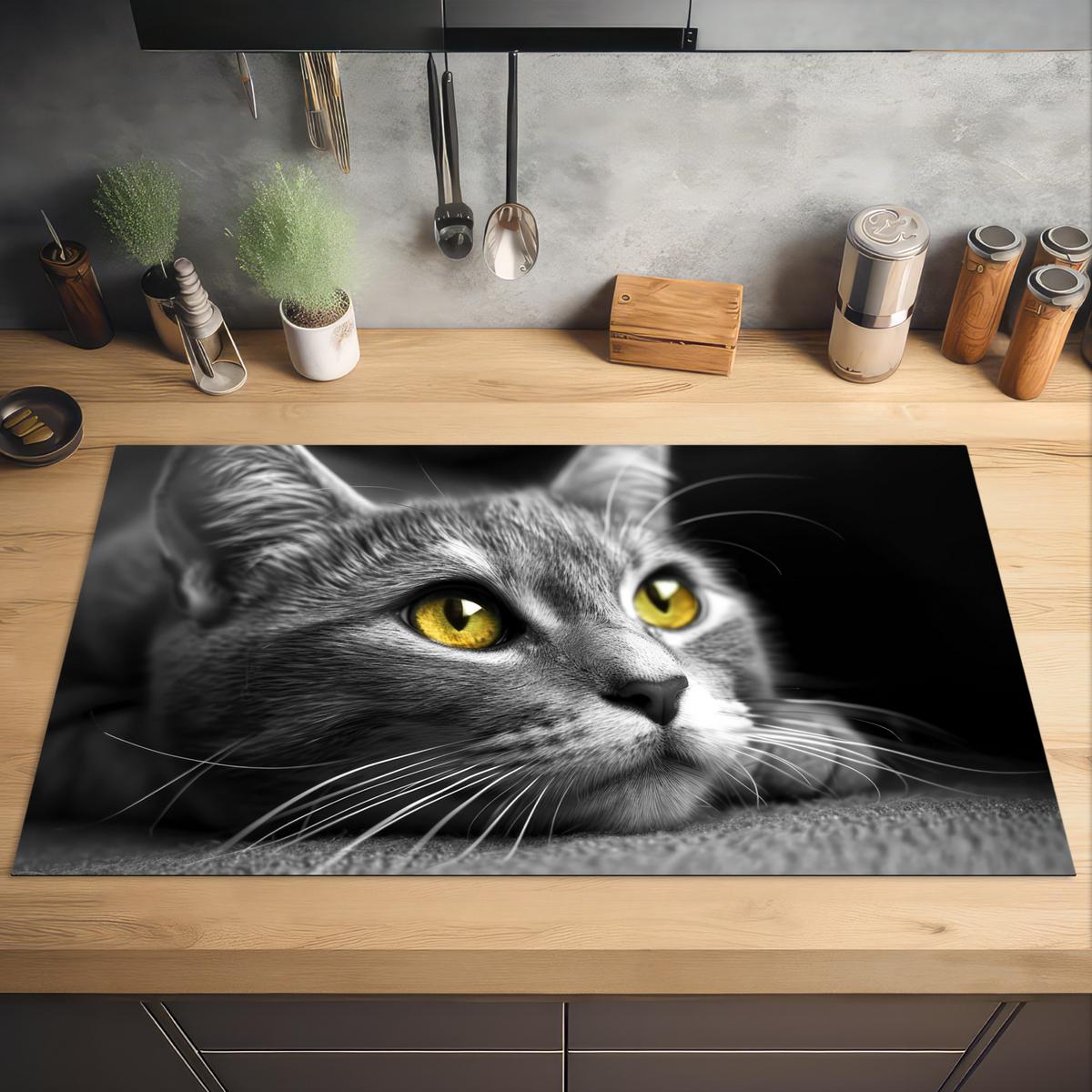 HERDABDECKPLATTE Katze - Grau - Tiere - Katze Induktionsschutz 91.2x52 cm - Grau, Kunststoff (91.2/52/0.2cm) - MuchoWow