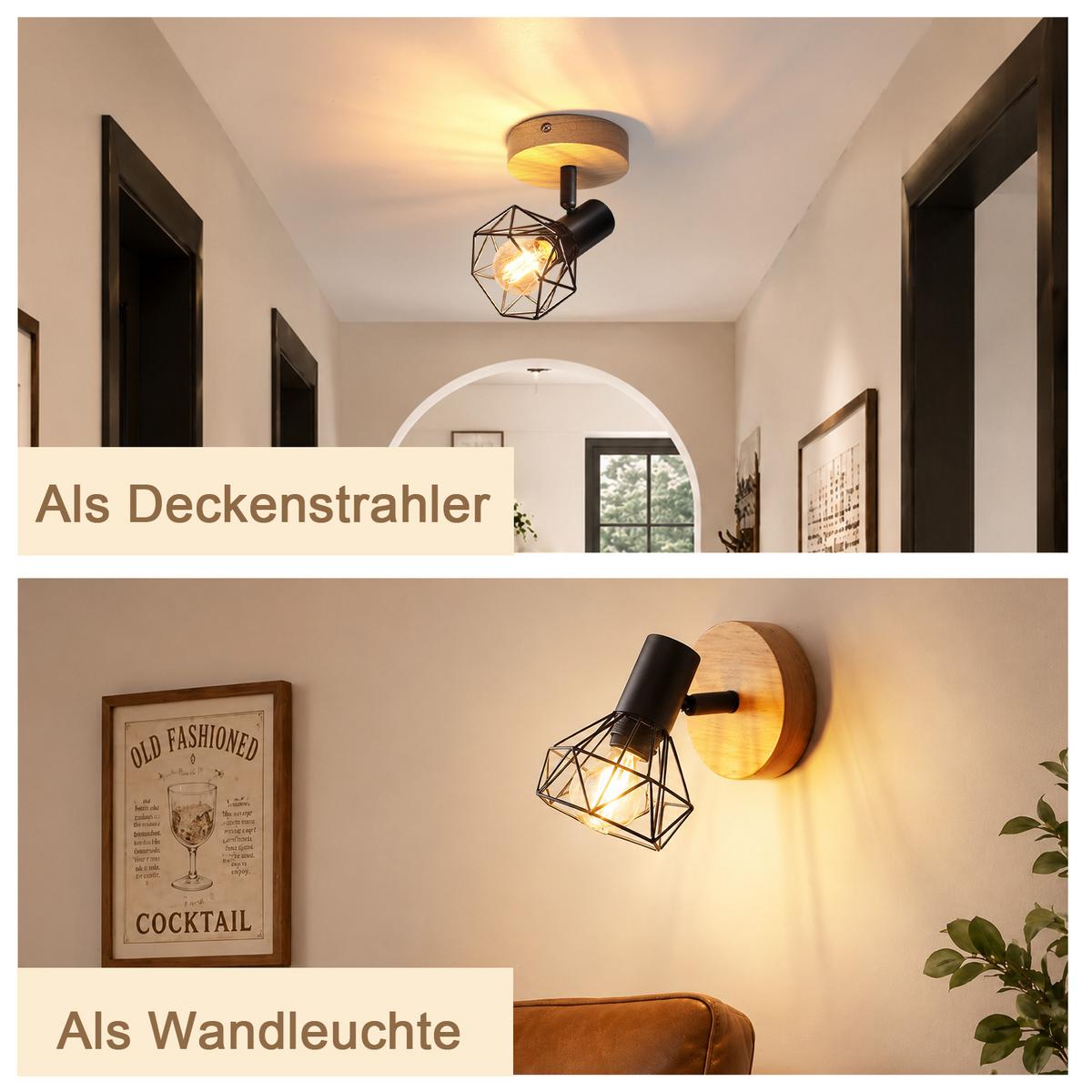DECKENSTRAHLER Cynthveth 11.5/9.2/12.8 cm - Schwarz/Braun, Holz/Metall (11.5/9.2/12.8cm) - ZMH