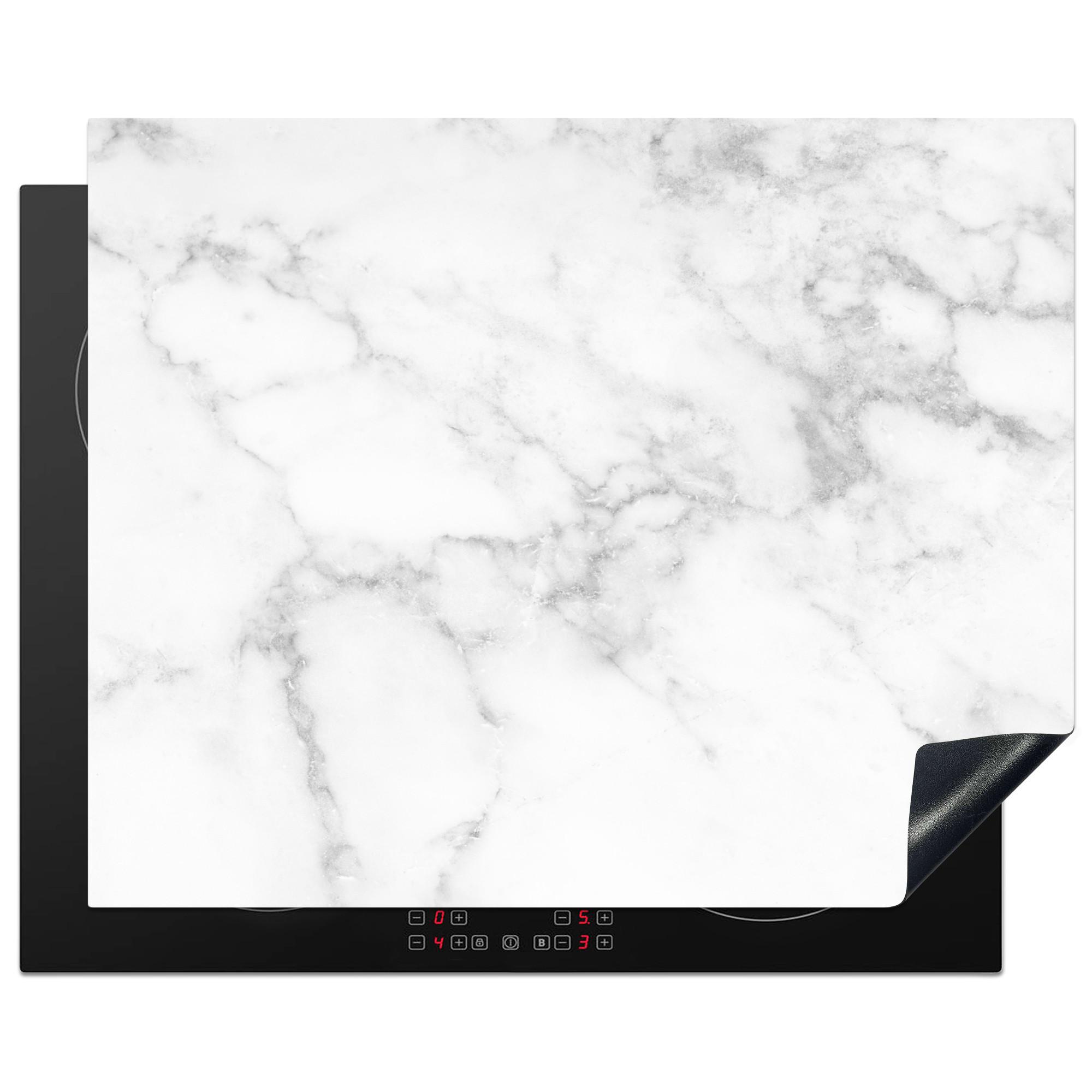 HERDABDECKPLATTE Marmor - Grau - Weiß - Strukturierter Marmor Herdabdeckung Induktionsfeld 65x52 cm - Weiß, Kunststoff (65/52/0.2cm) - MuchoWow