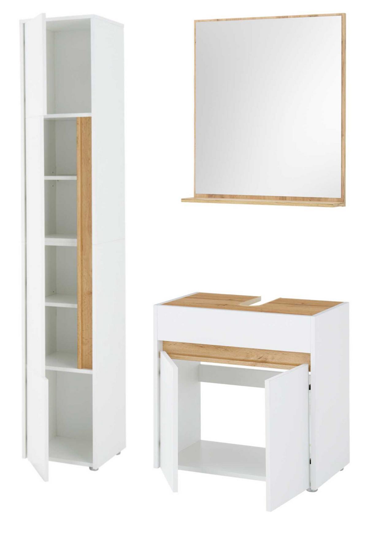 BADMÖBEL-SET 3-teilig weiß, Wotan Eiche, Badkombination 114 cm - Eiche Wotan/Silberfarben, Glas/Holz (116/200/34cm) - Furn.Design