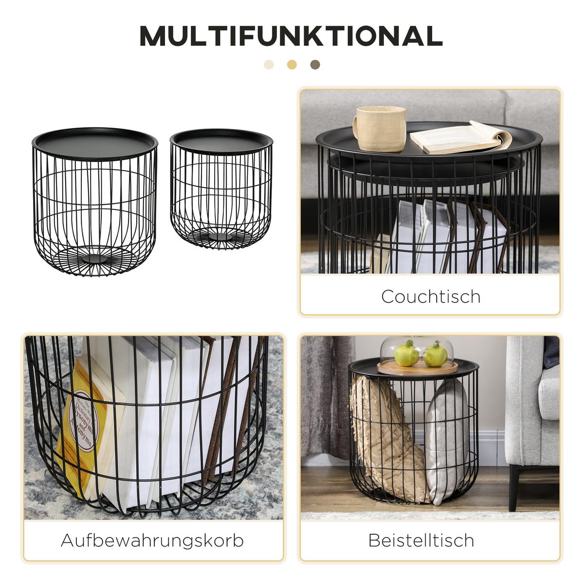 COUCHTISCH-SET rund, Stahl, Schwarz - Schwarz, Metall (40/40/40cm) - HOMCOM