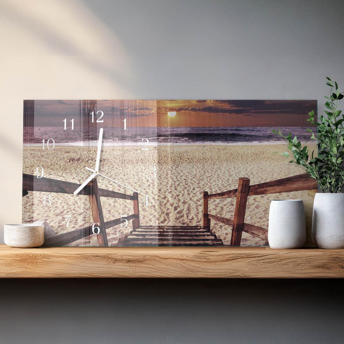 WANDUHR aus Glas 60x30 cm - Treppe zum Strand - Beige, Glas (60/30/0.4cm) - TULUP
