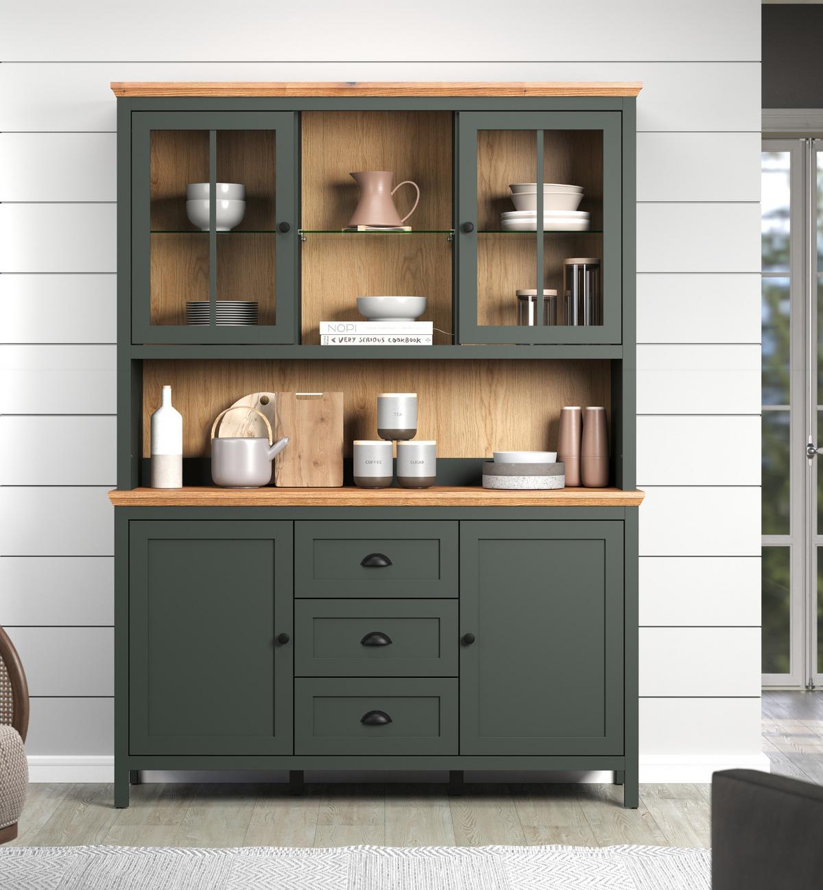 BUFFETSCHRANK grün, Evoke Eiche Landhaus 146 x 198 cm, Vitrine inklusive LED - Eichefarben/Schwarz, Glas/Holzwerkstoff (45/198/146cm) - Top.Furn