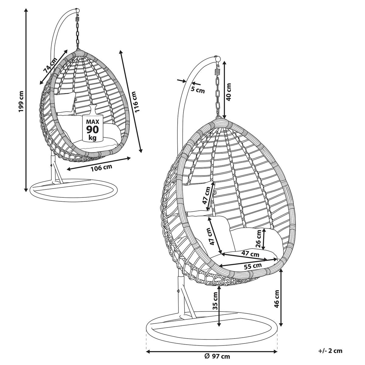 HÄNGESESSEL mit Gestell PE Rattan schwarz 97 cm Tollo - Schwarz, Kunststoff (106/199/97cm) - Beliani