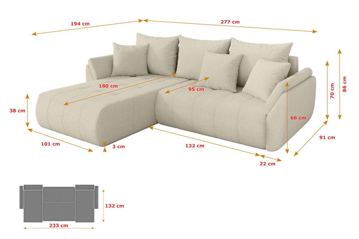 ECKSOFA mit Schlaffunktion Ottomane Links TOKO-L 277x194x86 Beige Bouclé - Sandfarben/Beige, Holzwerkstoff/Kunststoff (277/194cm) - ALTDECOR