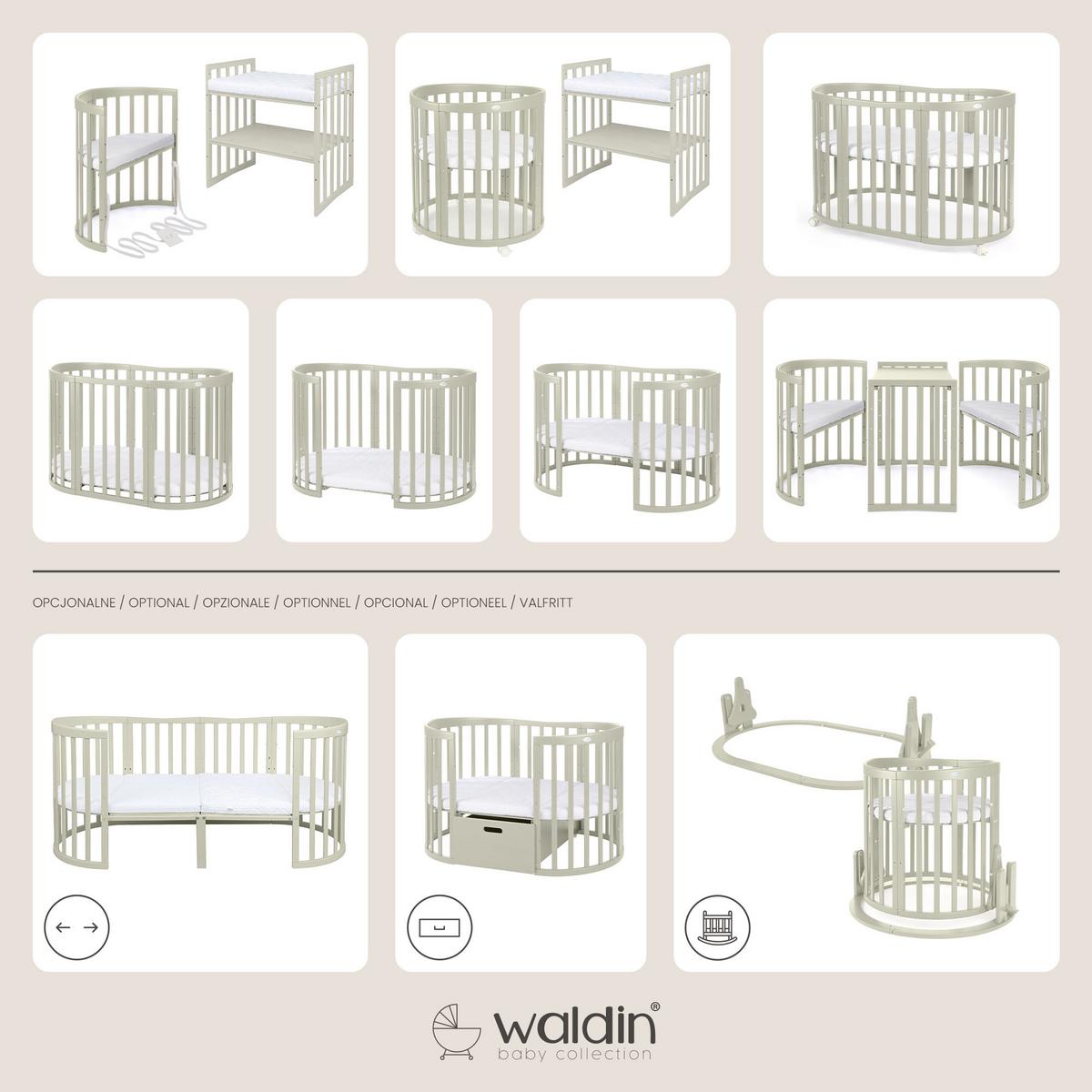 BABYBETT OLIVE OVAL 7in1 mit Matratze - Olivgrün, Holz/Textil (73/125cm) - waldin