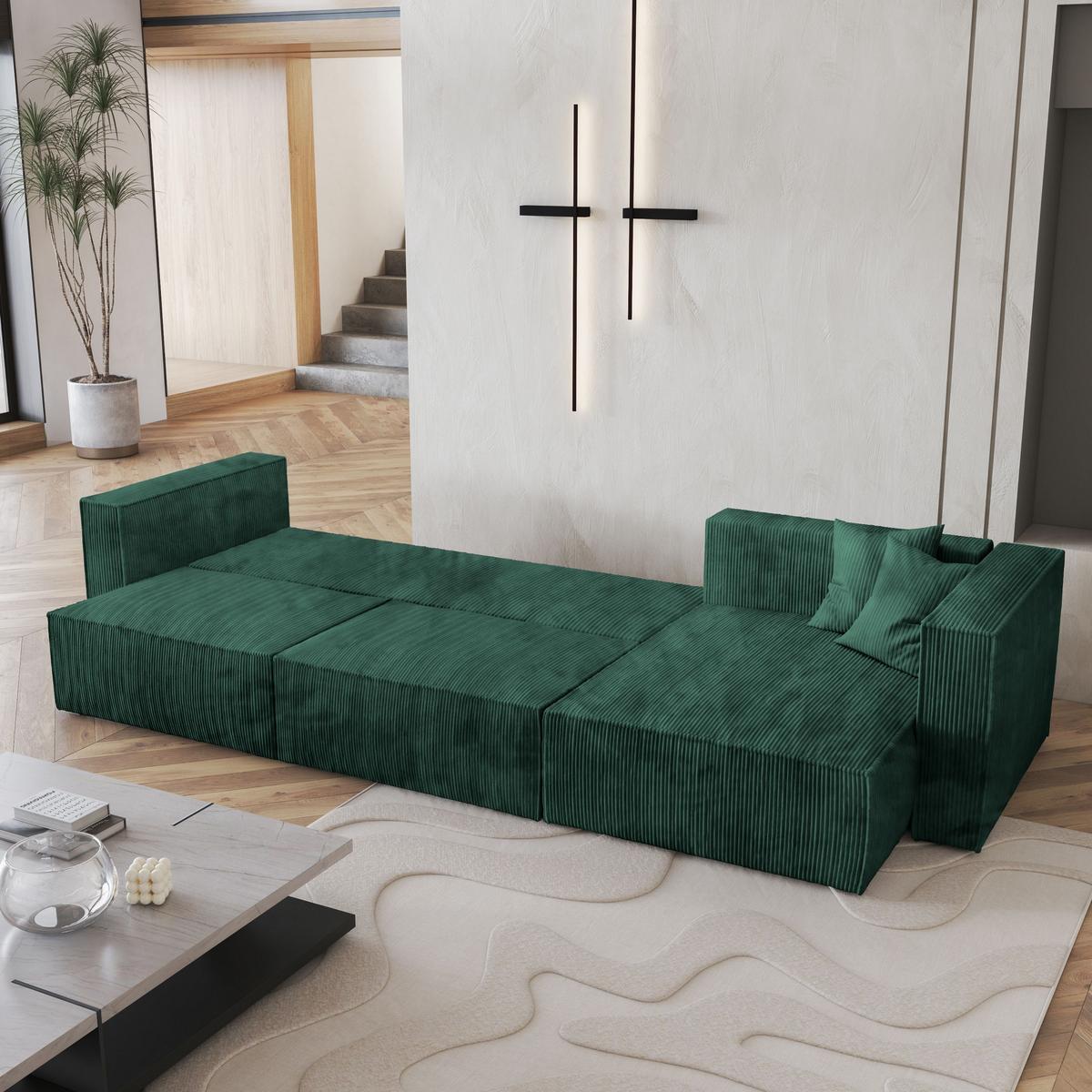ECKSOFA TOLMO P Grün Kordstoff mit Schlaffunktion - Grau/Grün, Holz/Kunststoff (347/148cm) - MASSENO