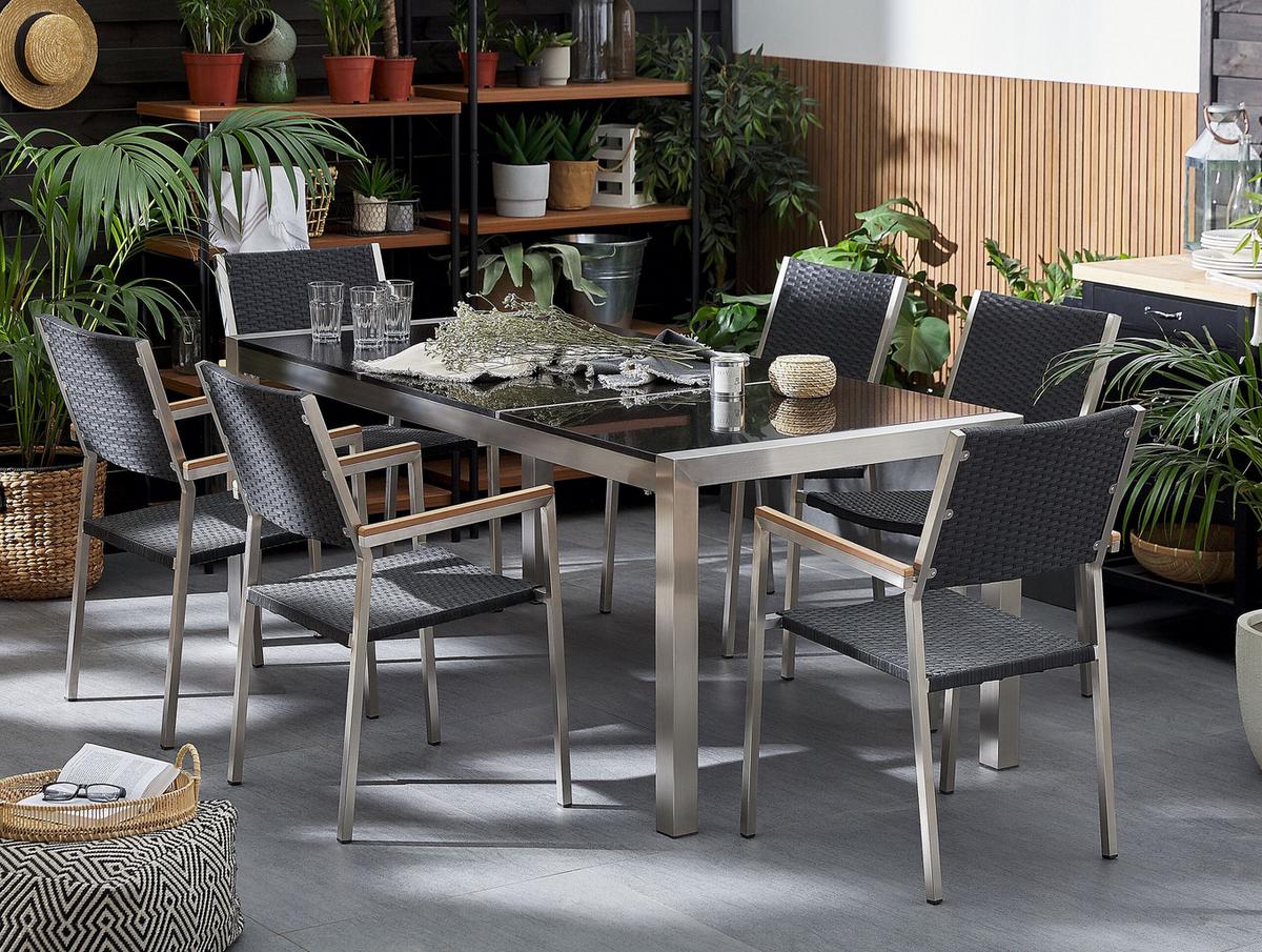 GARTENMÖBEL SET 6-Sitzer Naturstein schwarz poliert Rattan Grosseto - Silberfarben/Schwarz, Metall - Beliani