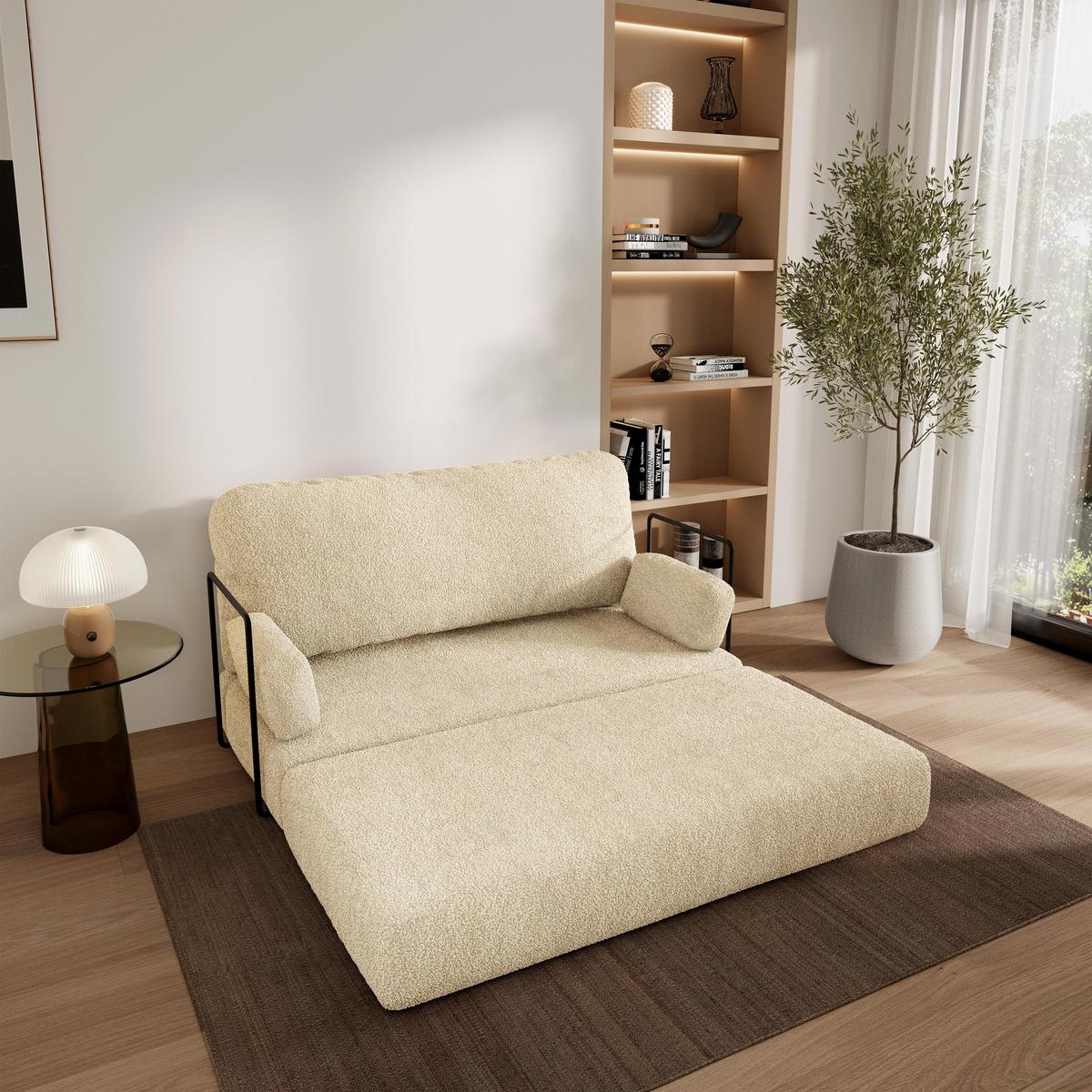 BETTSOFA KESTE aus Schaumstoff Bucle-Stoff Creme Schlaffunktion - Creme, Textil (140/86/60cm) - MASSENO