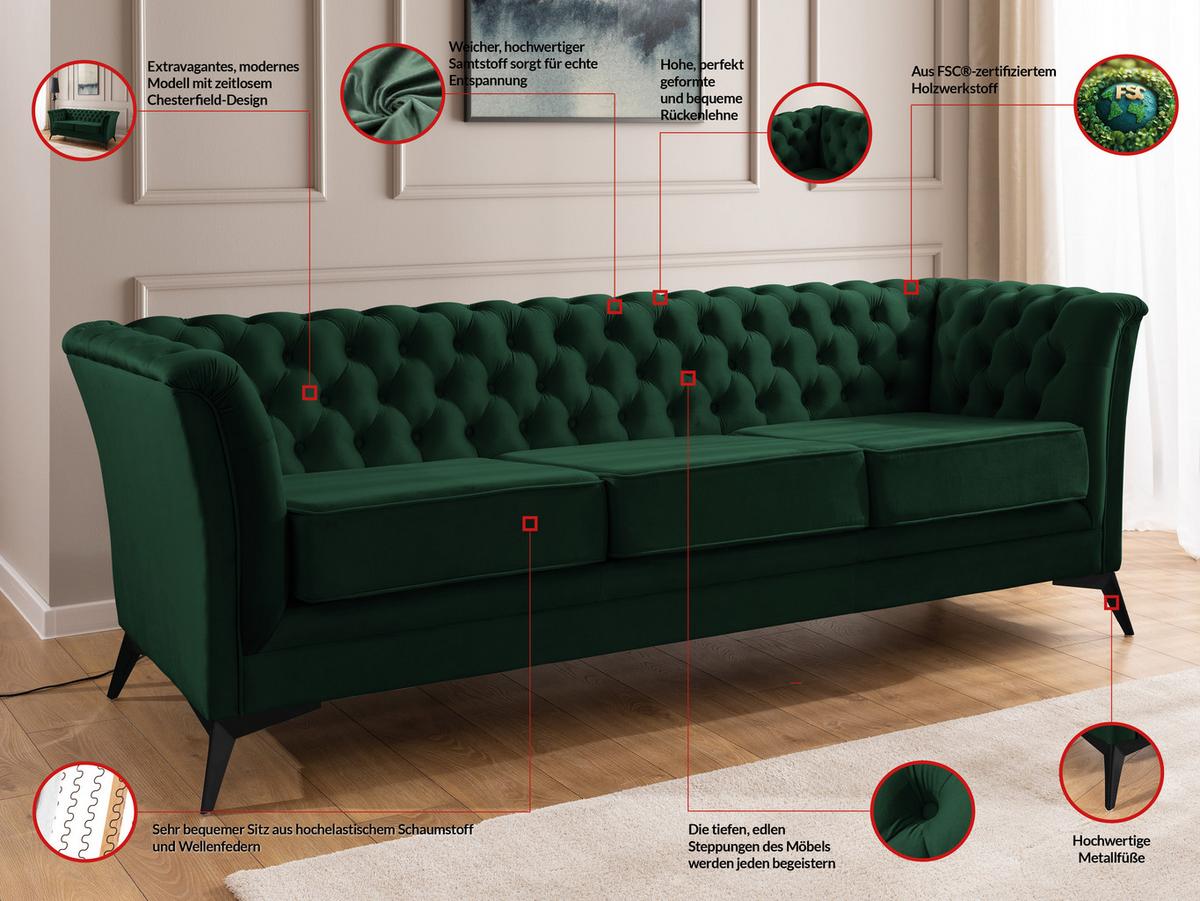 CHESTERFIELD-SOFA 3-sitzer Whitby Flaschengrün Samt mit schwarzen Füßen - Dunkelgrün/Schwarz, Holz/Textil (237/78/82cm) - S-Style Möbel