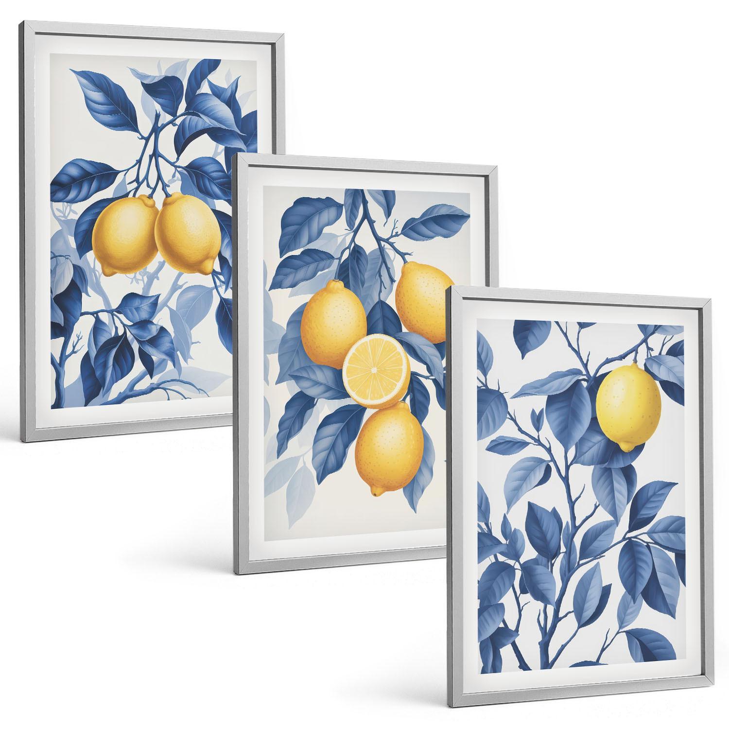 BILDER SET 3er Set - 40x60 cm Silberner Rahmen - Zitronenzweige mit blauen Blättern - Silberfarben, Kunststoff (40/60cm) - TULUP