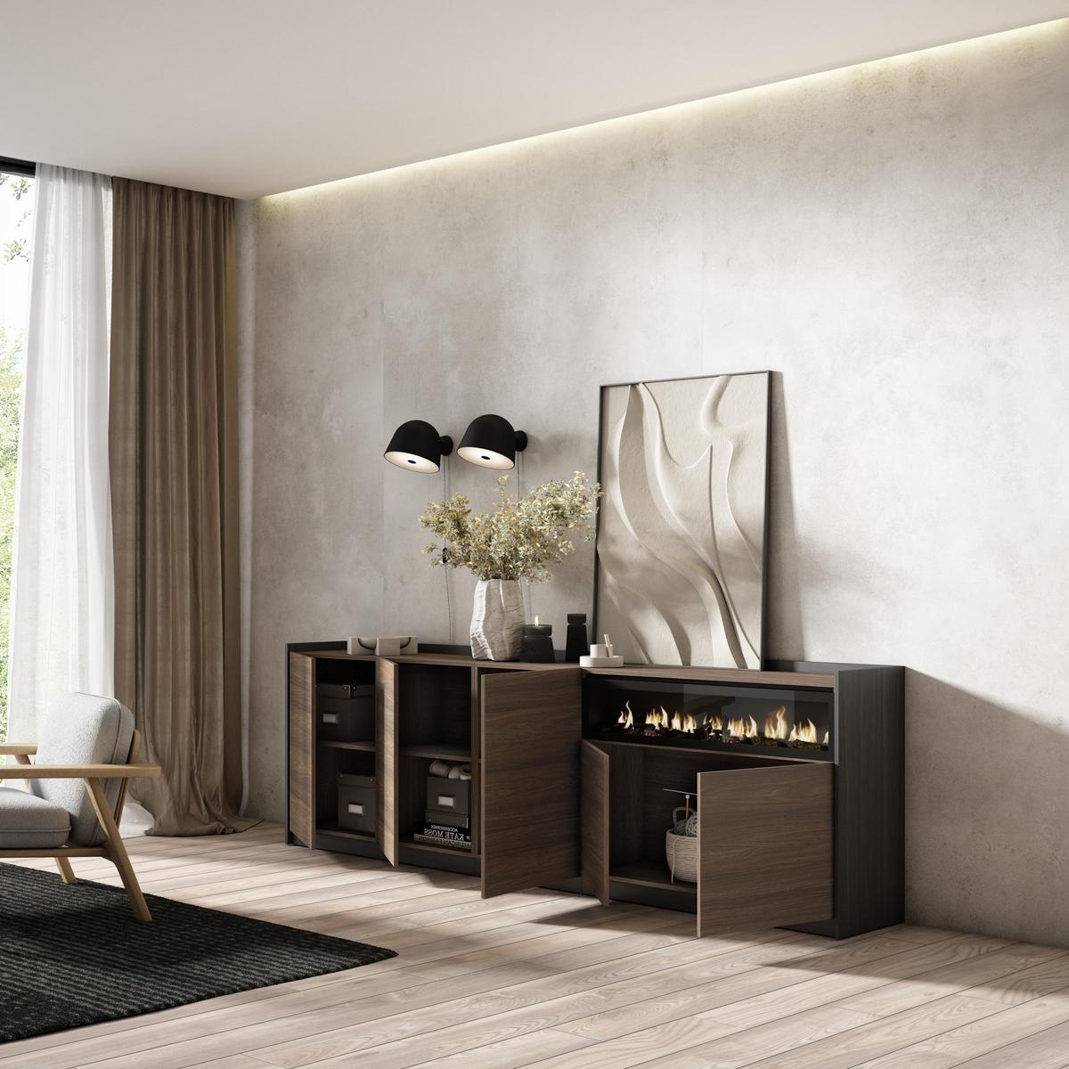 SIDEBOARD, Highboard, Dunkler Eiche und Schwarz, Elektrokamin, 260/37/80cm - Hellbraun, Holzwerkstoff (260/80/37cm) - Skraut Home